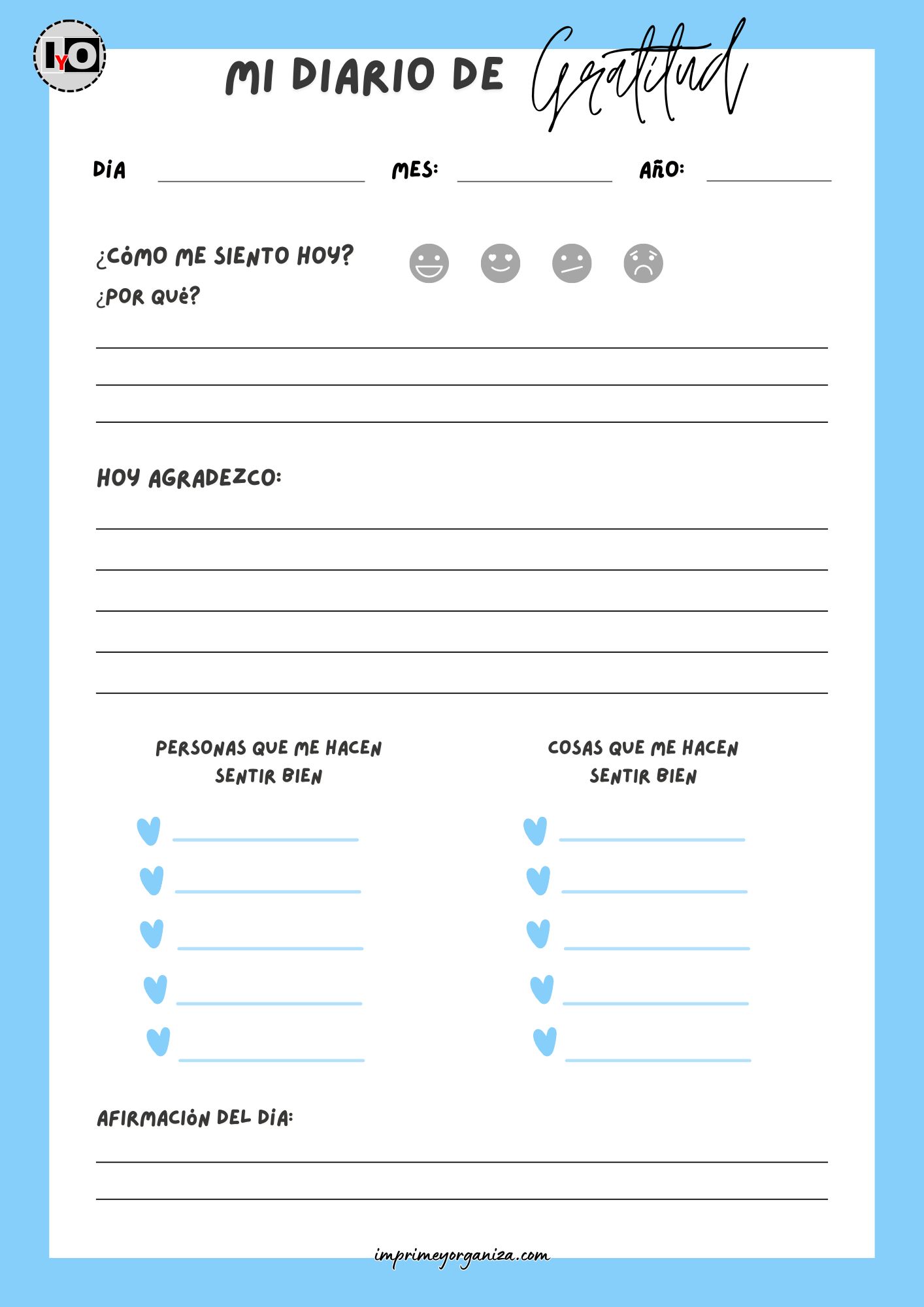 Planificador Diario de Gratitud Azul