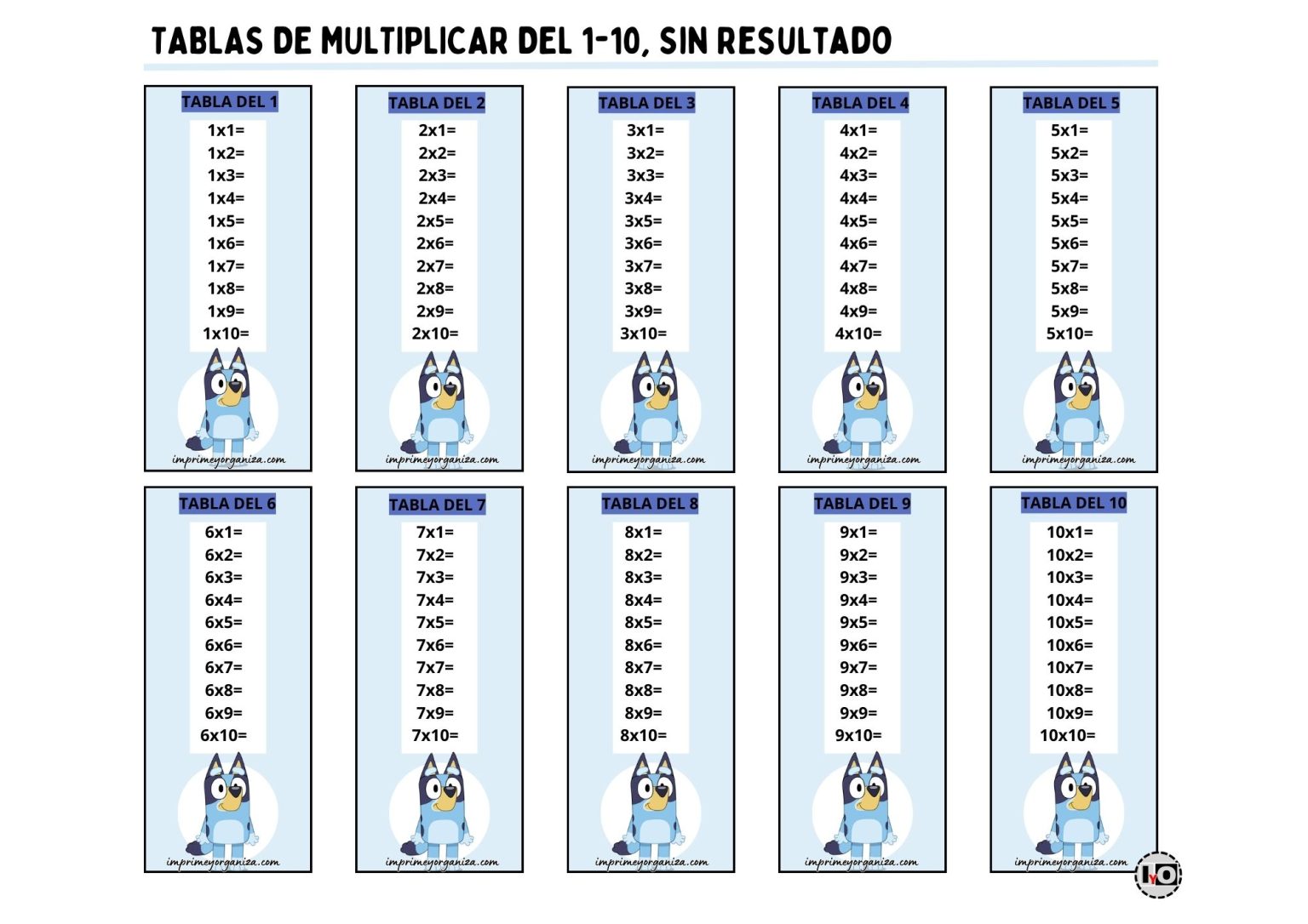 Tablas del 1 al 10 sin resultado para imprimir [GRATIS]