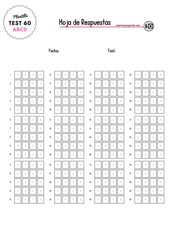Hojas de respuestas test de 60 preguntas en PDF [GRATIS]