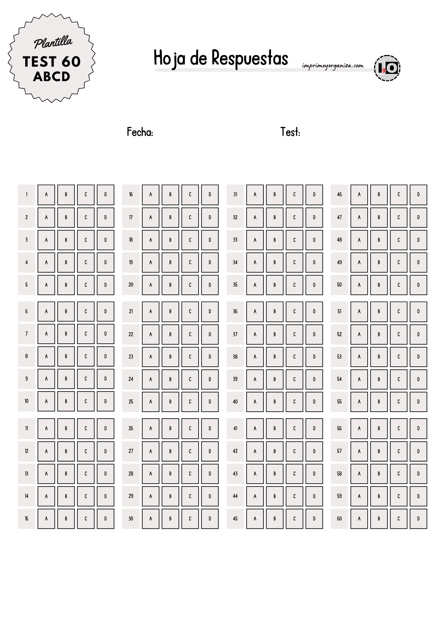 Hojas de respuestas test de 60 preguntas en PDF [GRATIS]