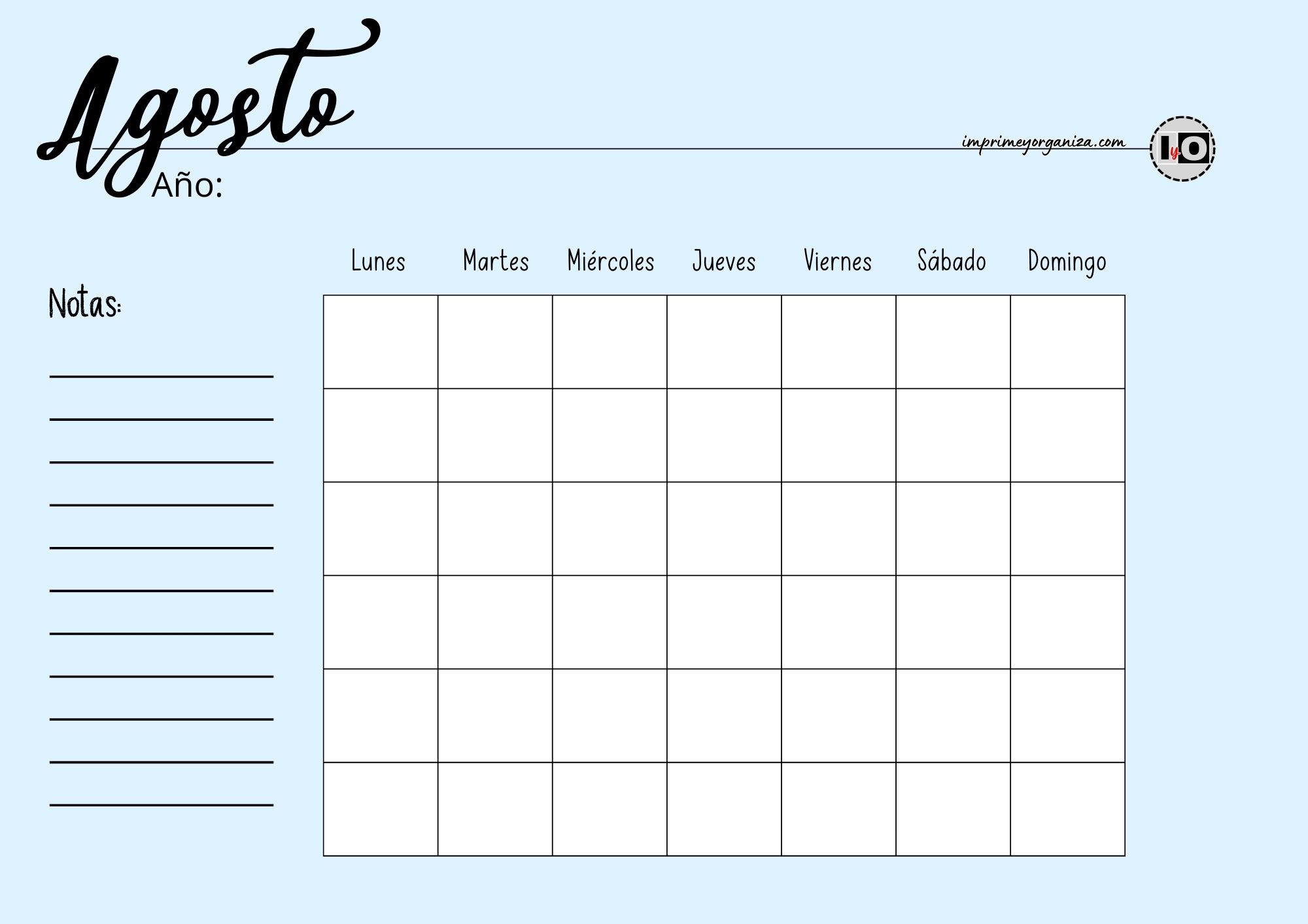 Calendario Rellenable Agosto Azul