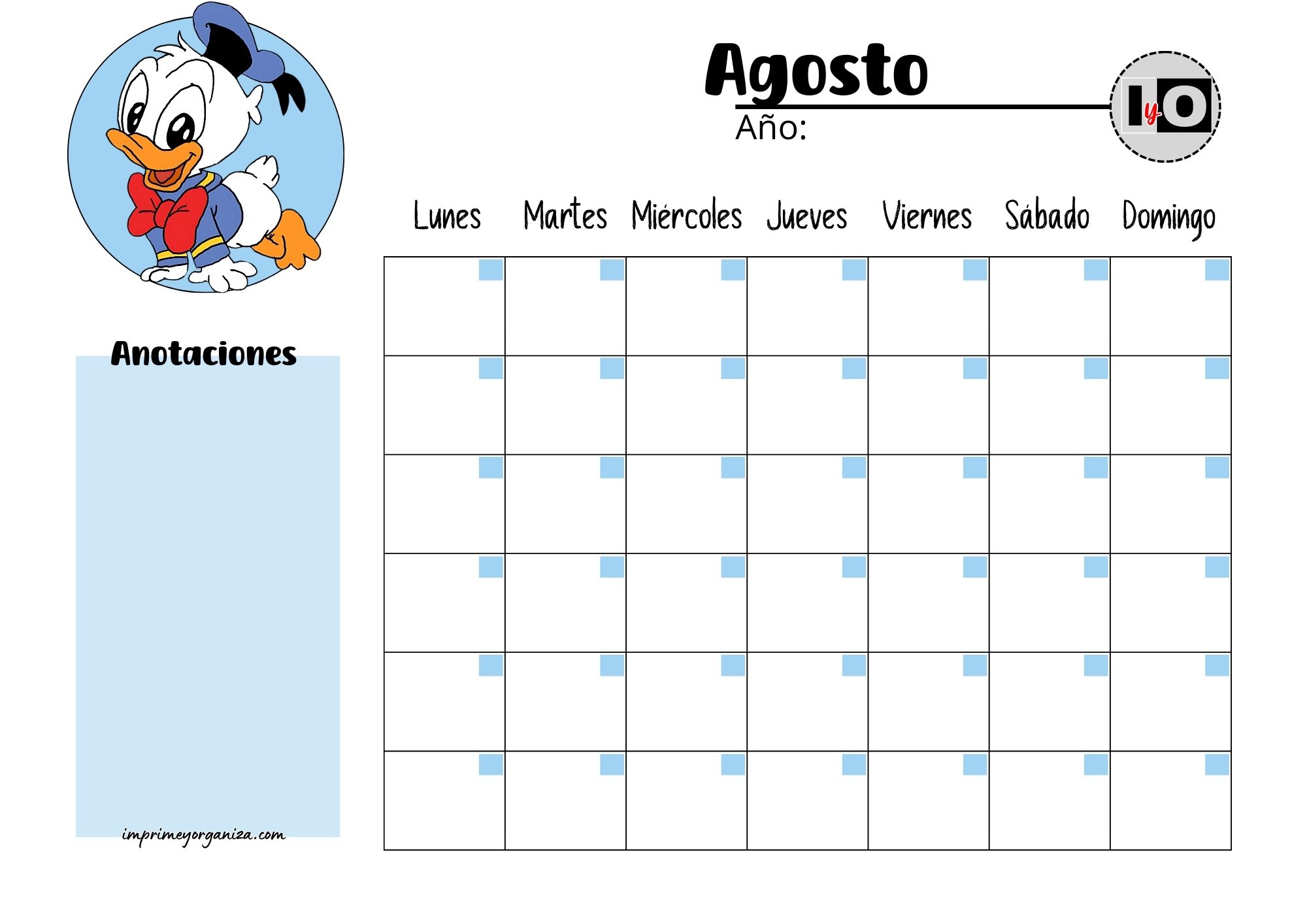 Calendario Rellenable Agosto Donald