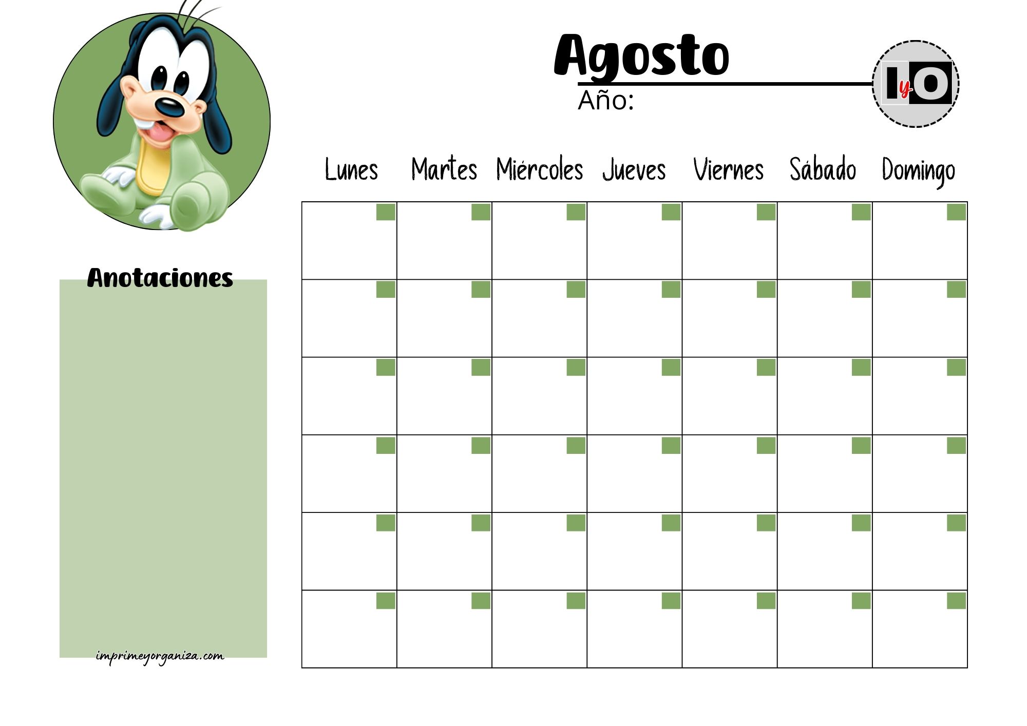 Calendario Rellenable Agosto Goofy