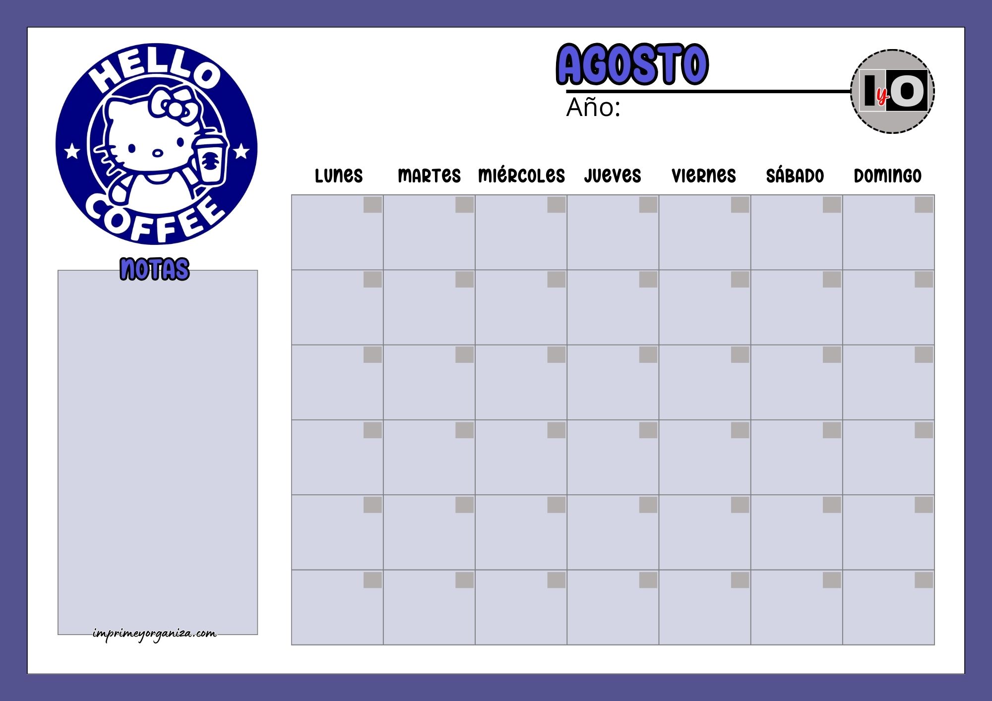 Calendario Rellenable Agosto Hello Coffe Azul