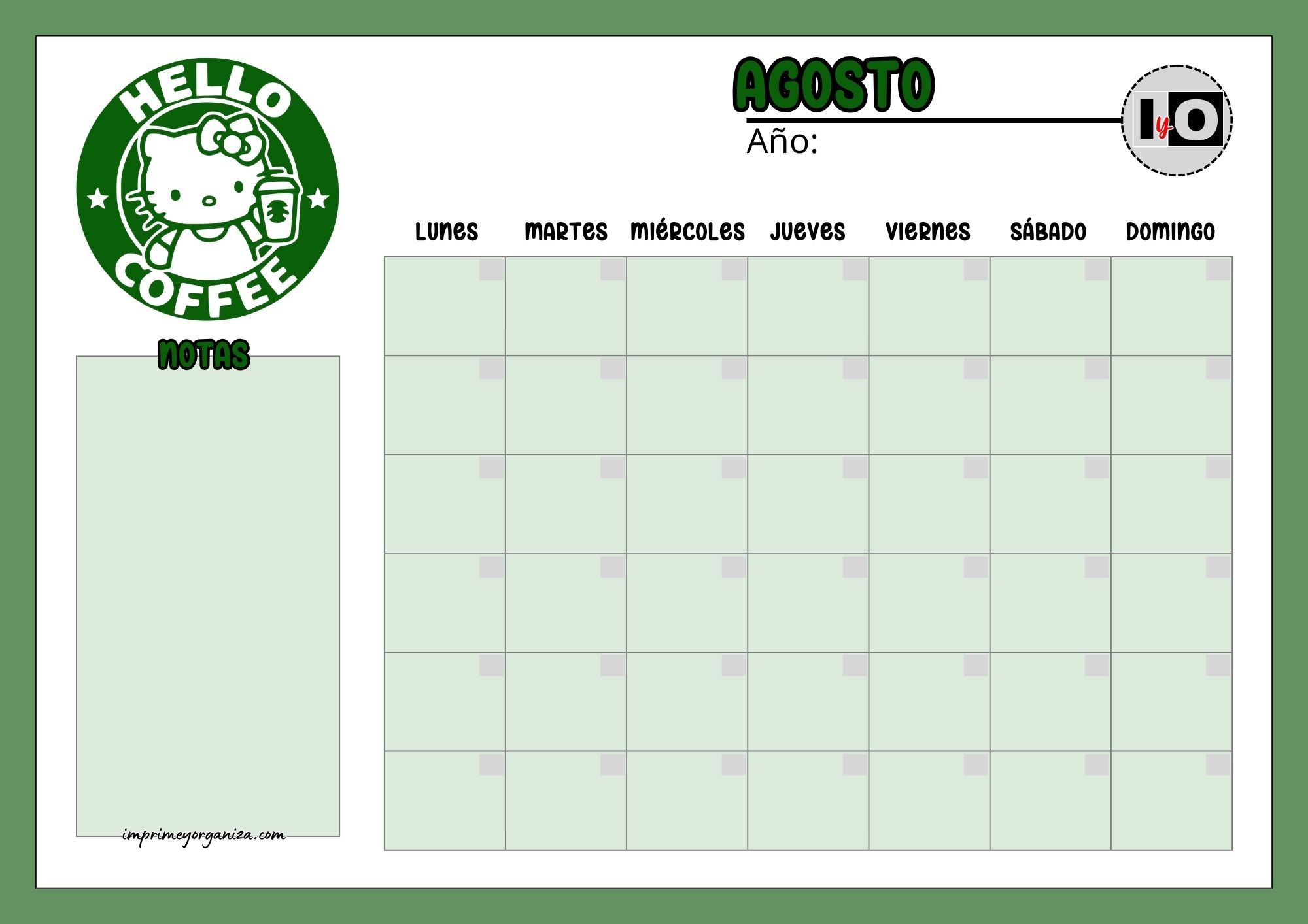 Calendario Rellenable Agosto Hello Coffe Verde