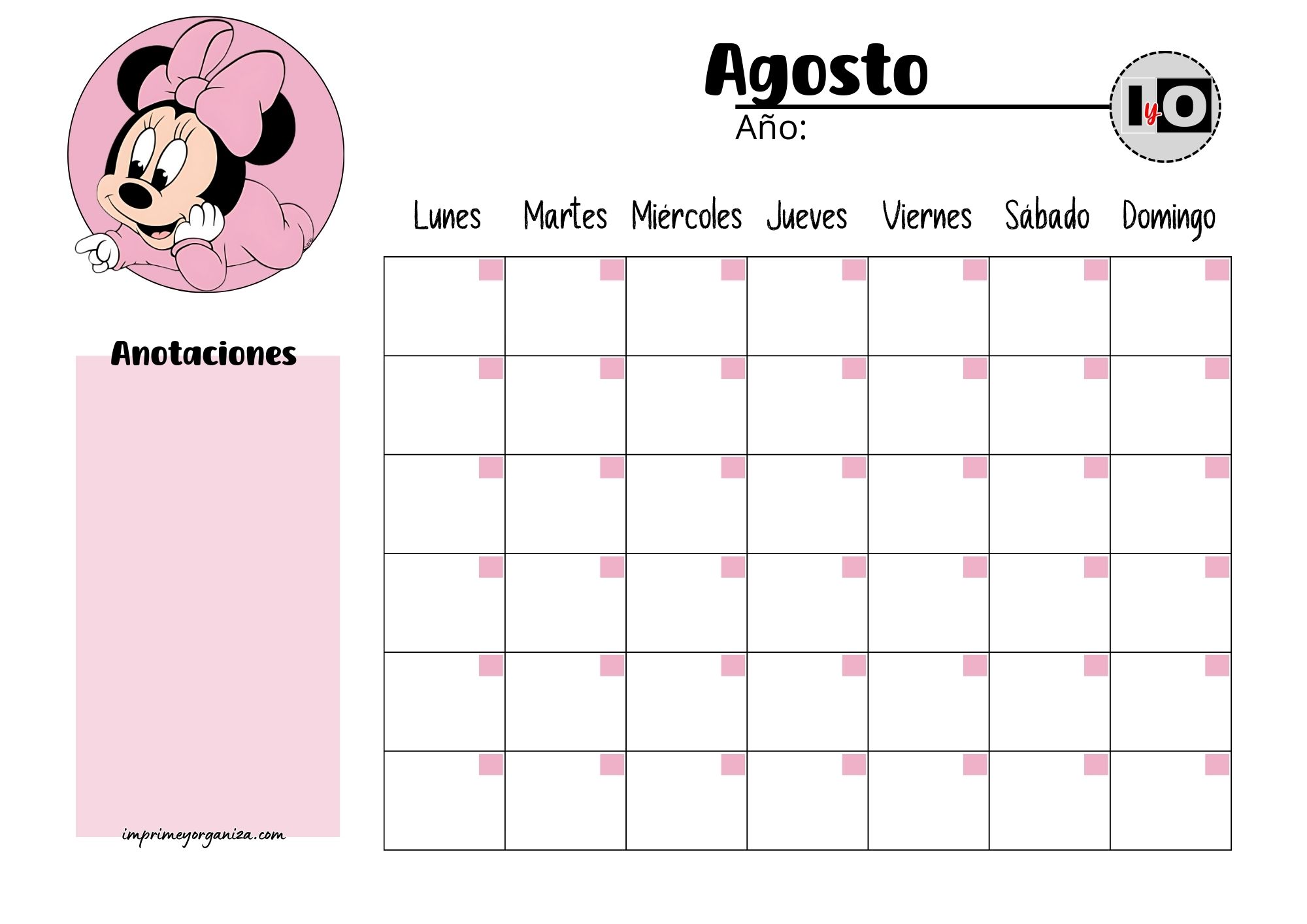 Calendario Rellenable Agosto Minnie