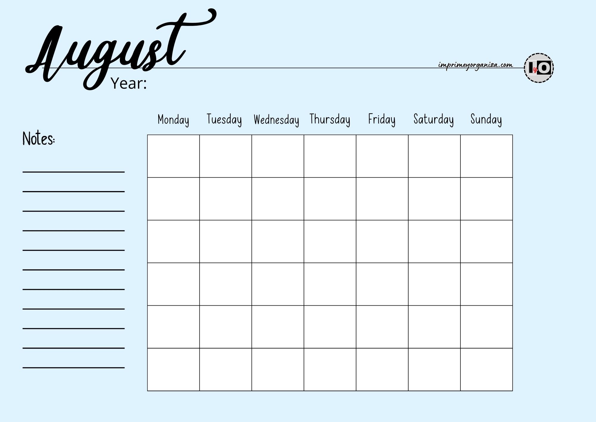 Calendario Rellenable Ingles Agosto Azul