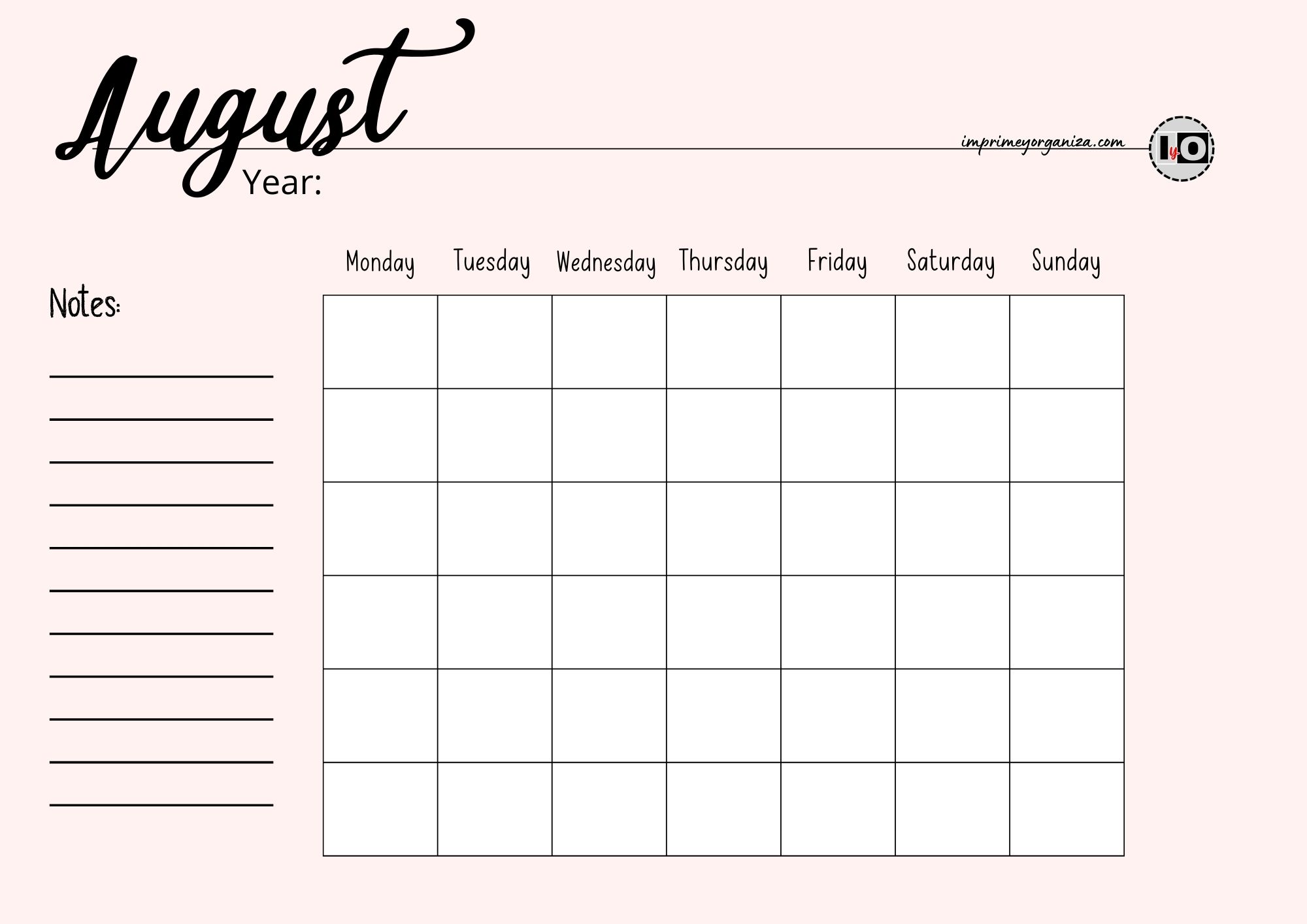 Calendario Rellenable Ingles Agosto Rosa