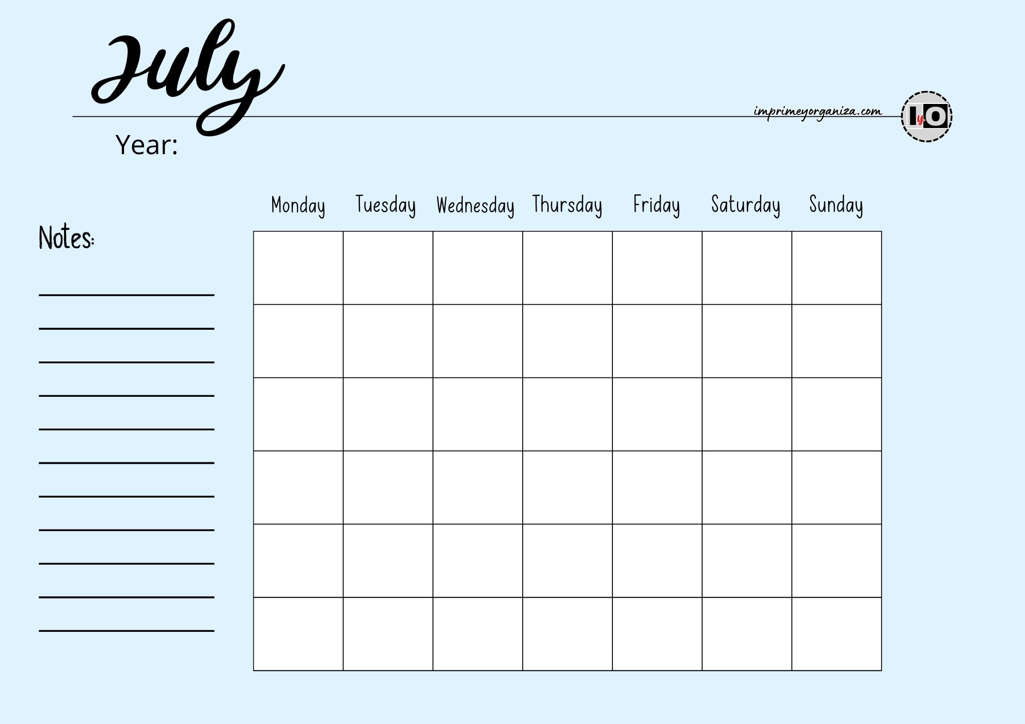 Calendario Rellenable Ingles Julio Azul