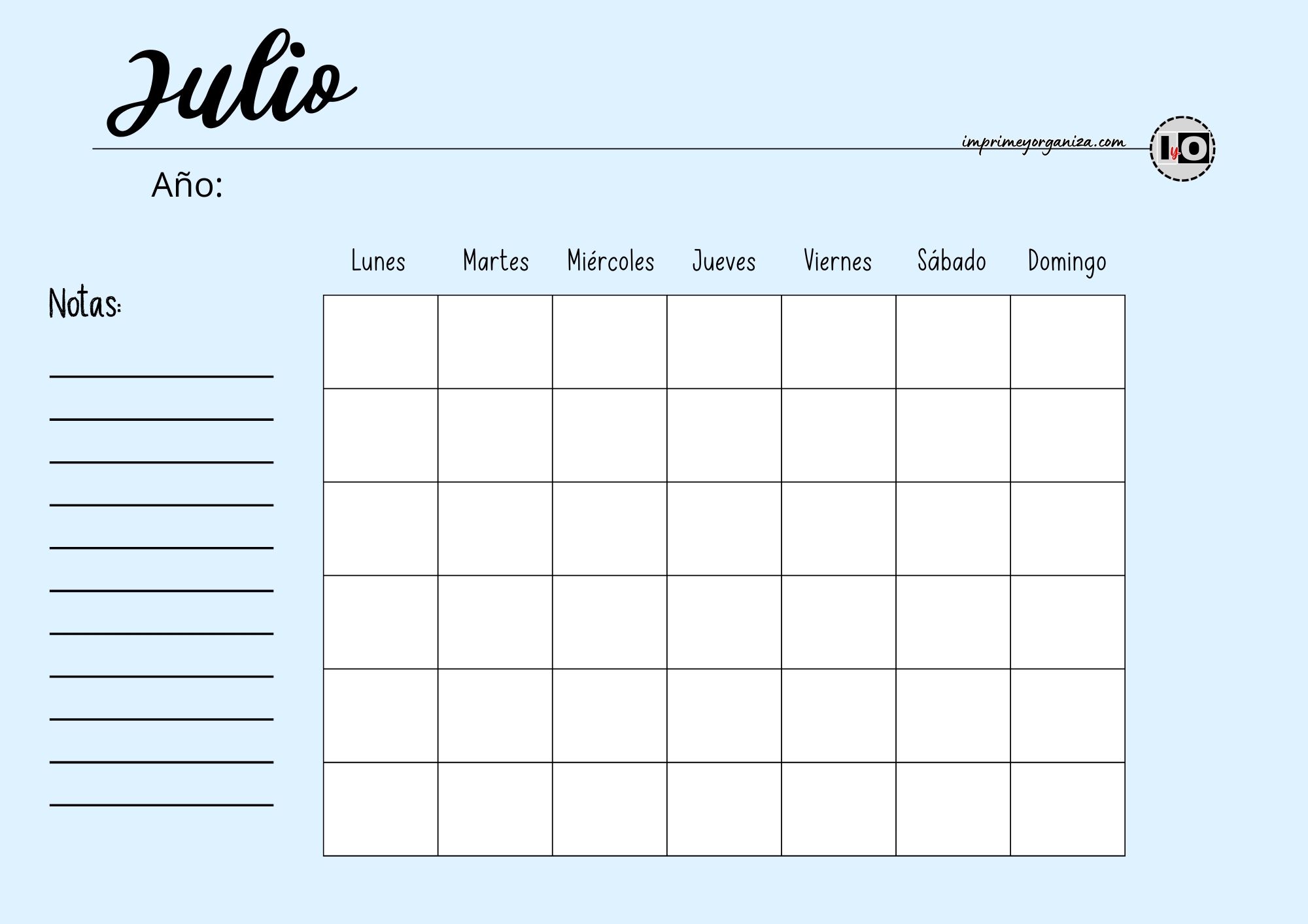 Calendario Rellenable Julio Azul