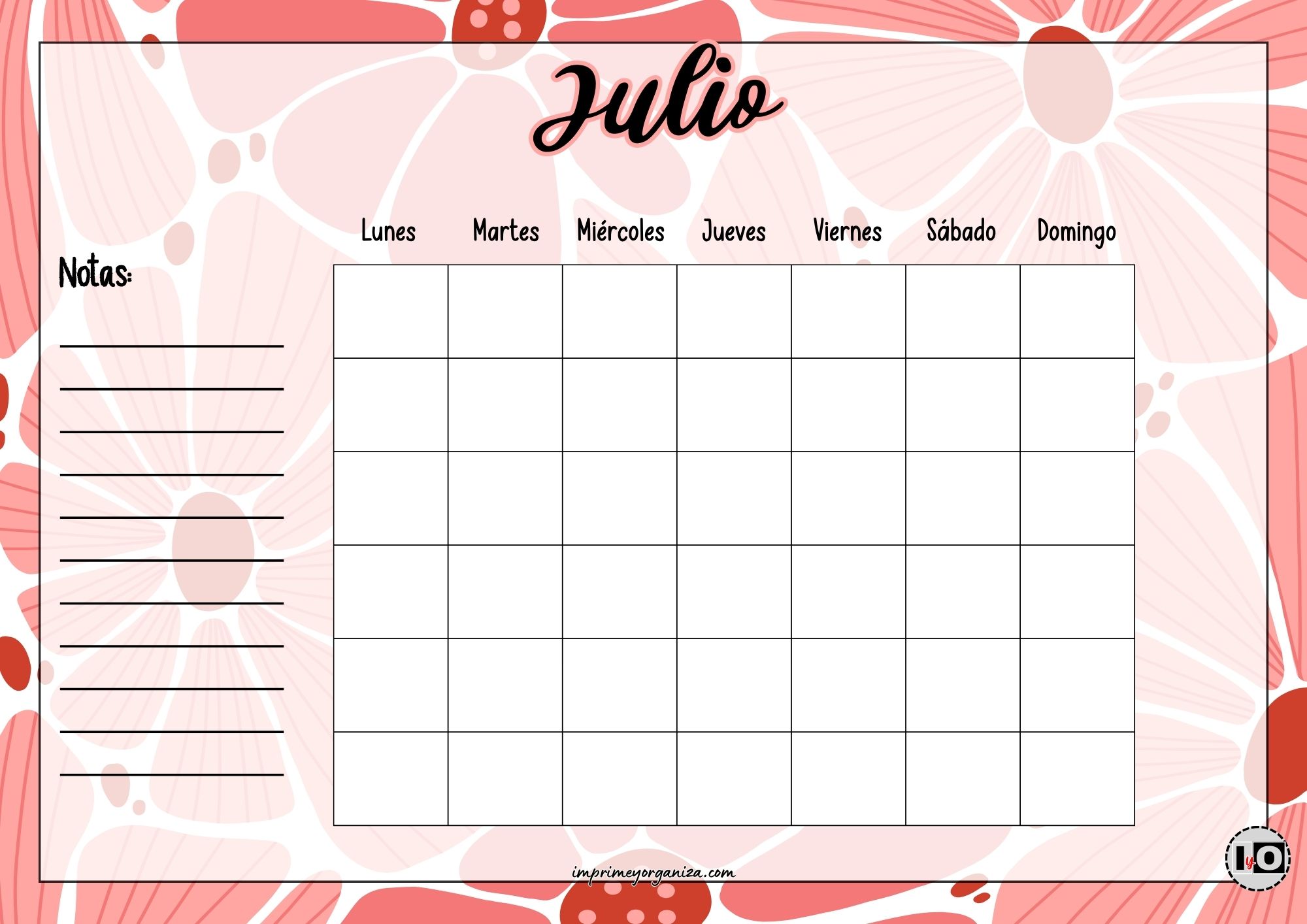 Calendario Rellenable Julio Floral Rosa