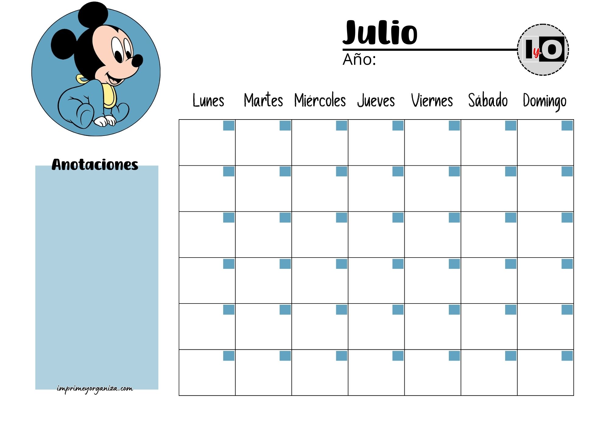 Calendario Rellenable Julio Mickey
