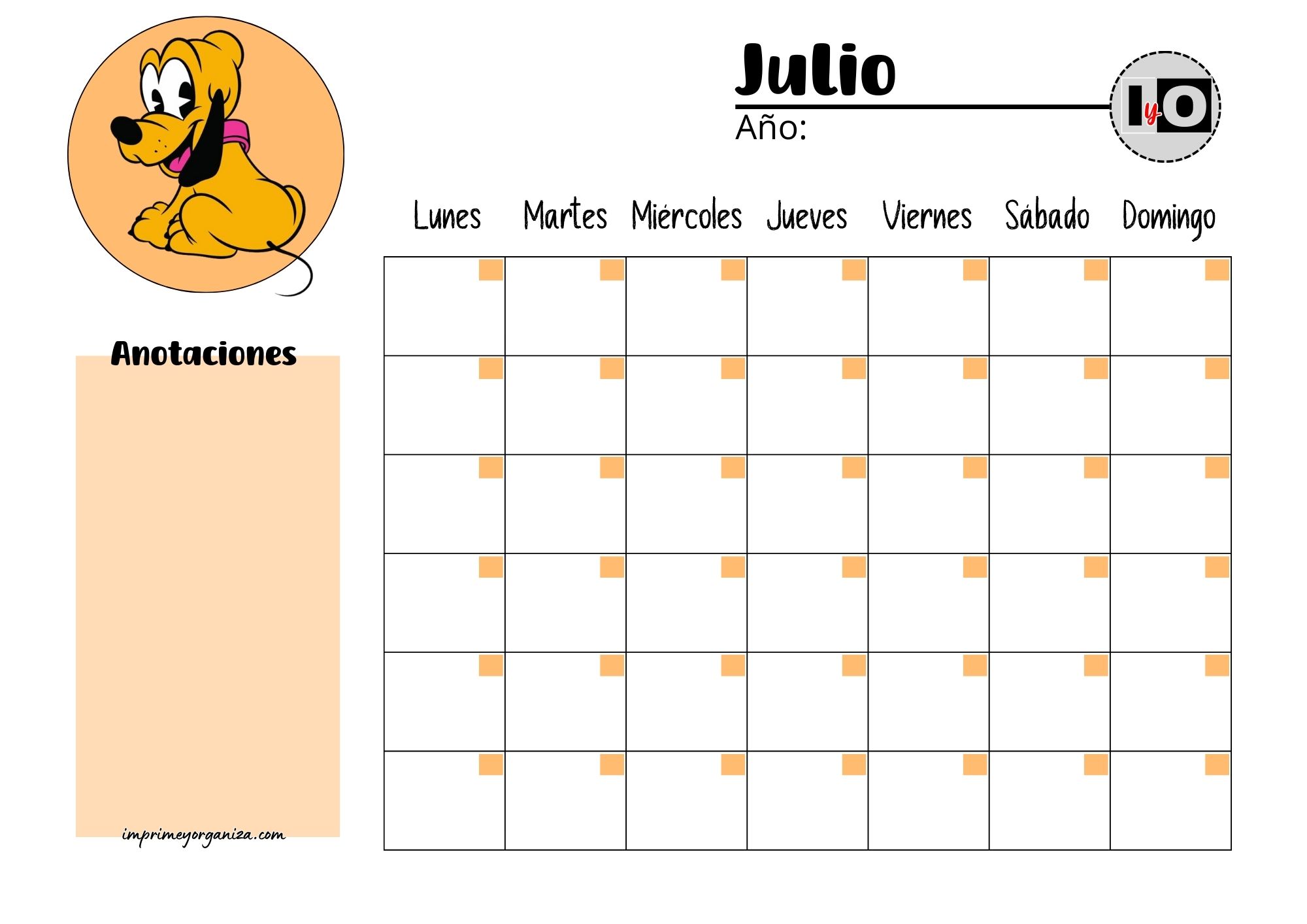 Calendario Rellenable Julio Pluto