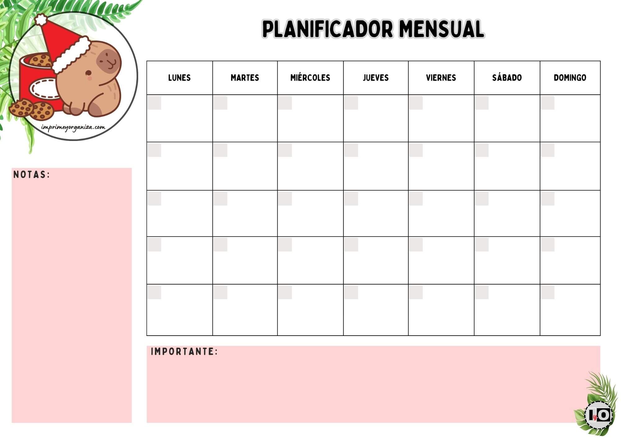 Planificador Mensual Capibara Navidad
