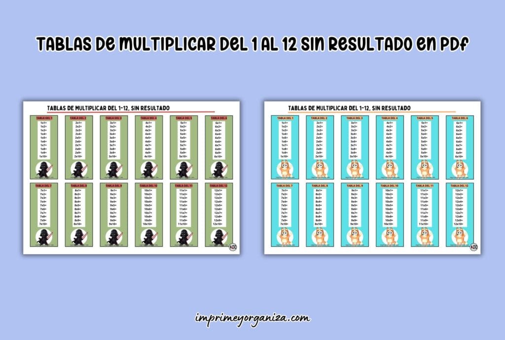 tablas de multiplicar del 1-12 sin resultado en pdf gratis
