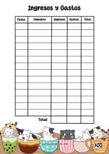 Tabla de ingresos y gastos gatitos