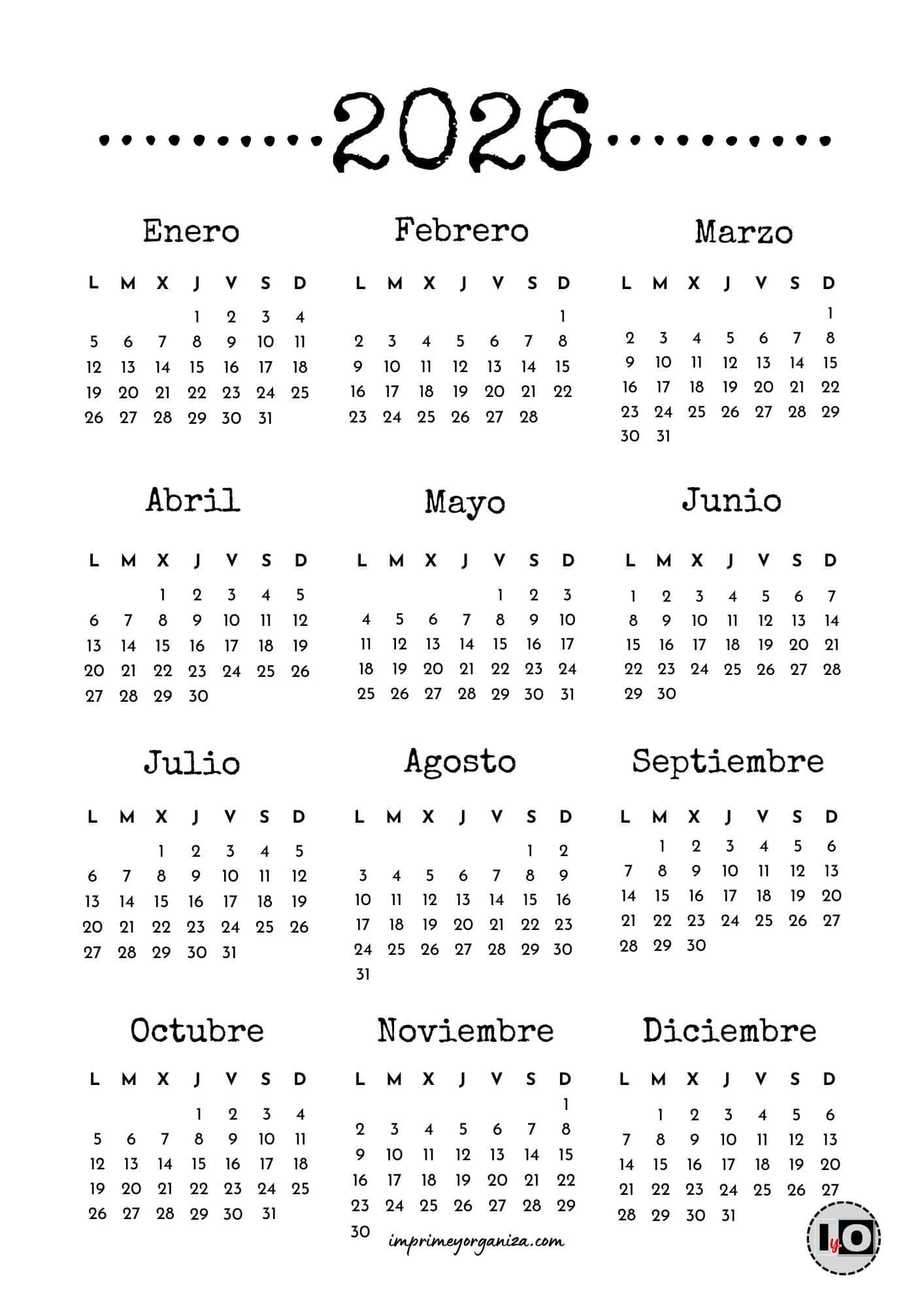 Calendario 2026 Dot Line
