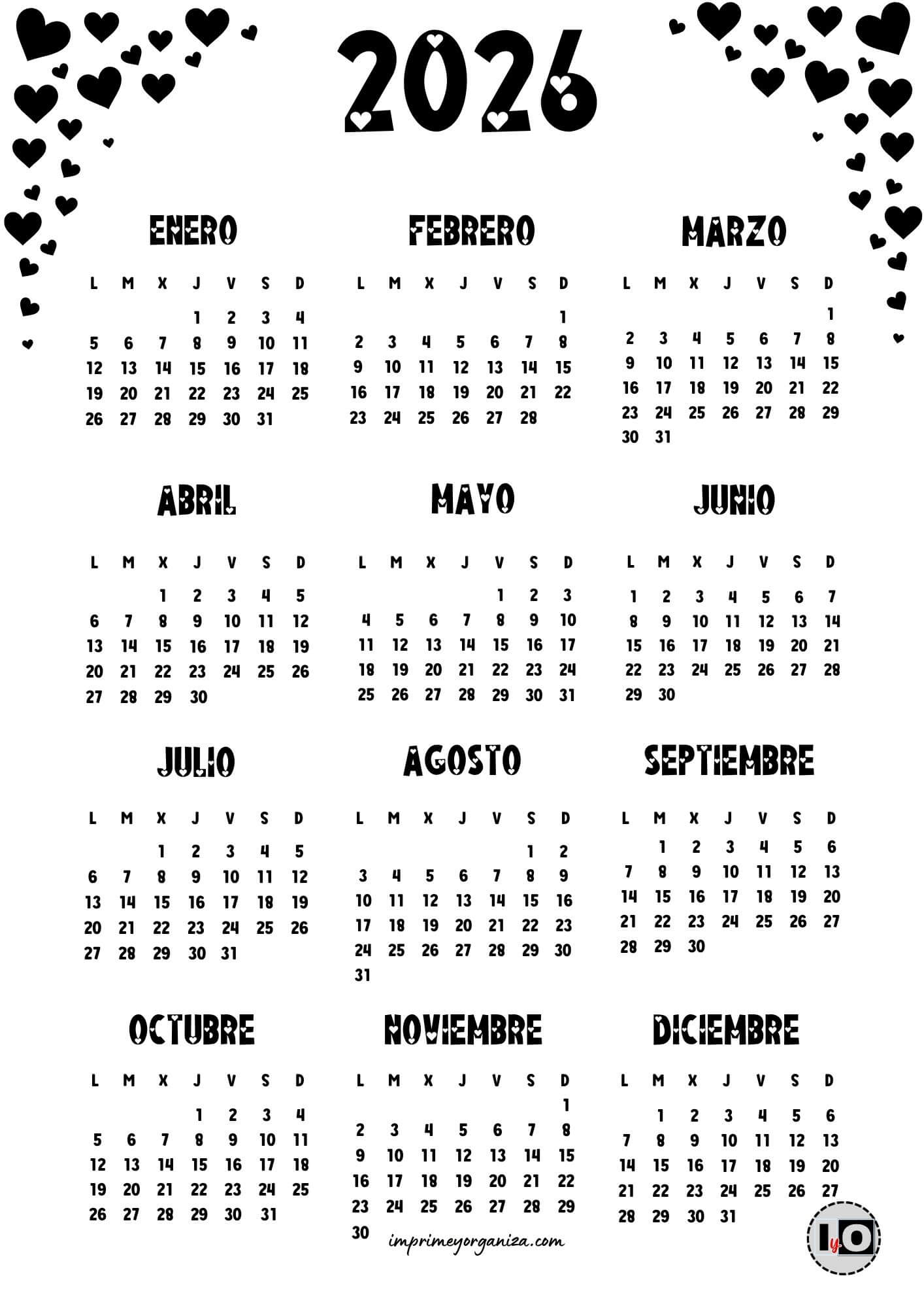 Calendario 2026 esquinas corazones