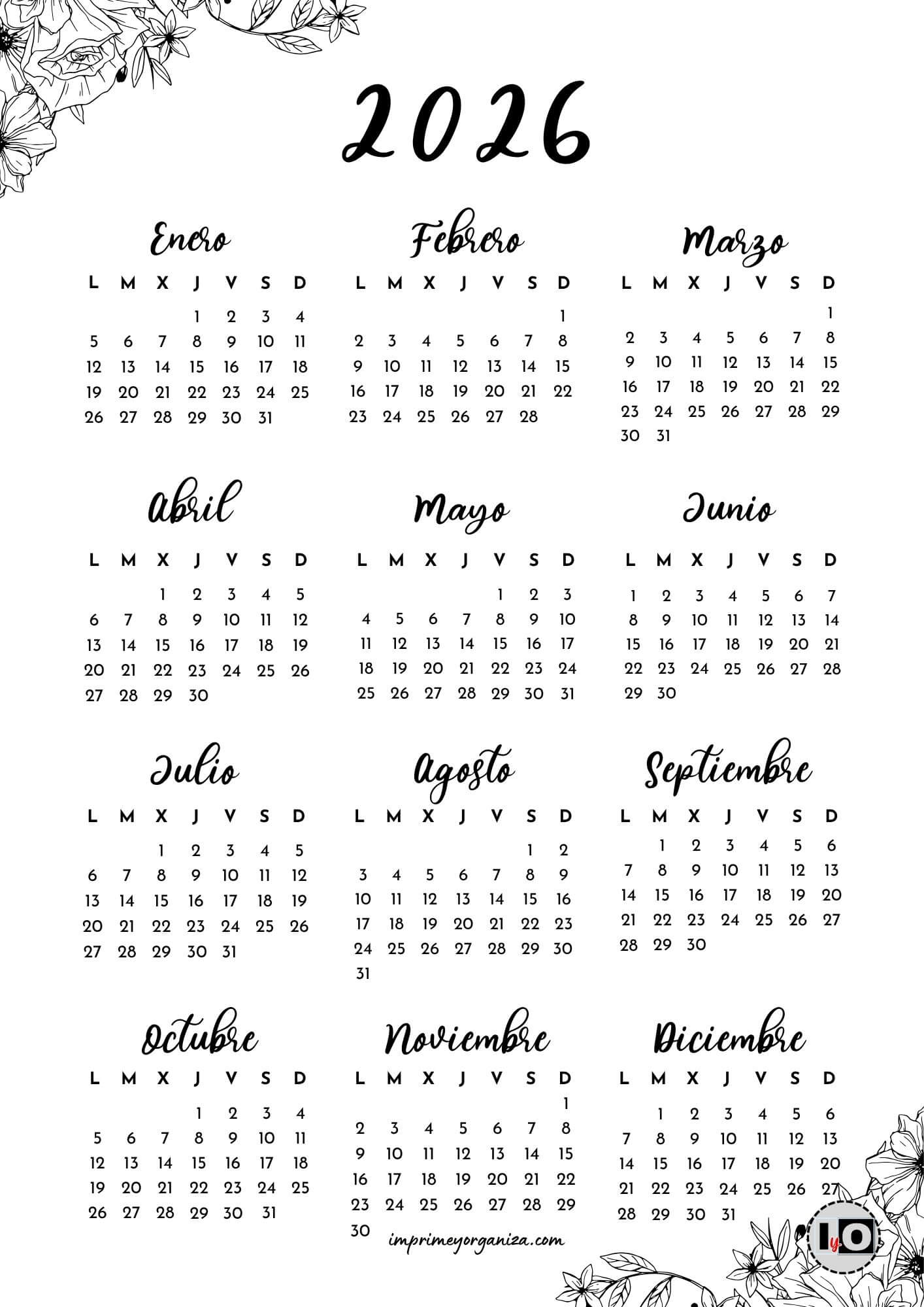 Calendario 2026 esquinas florales