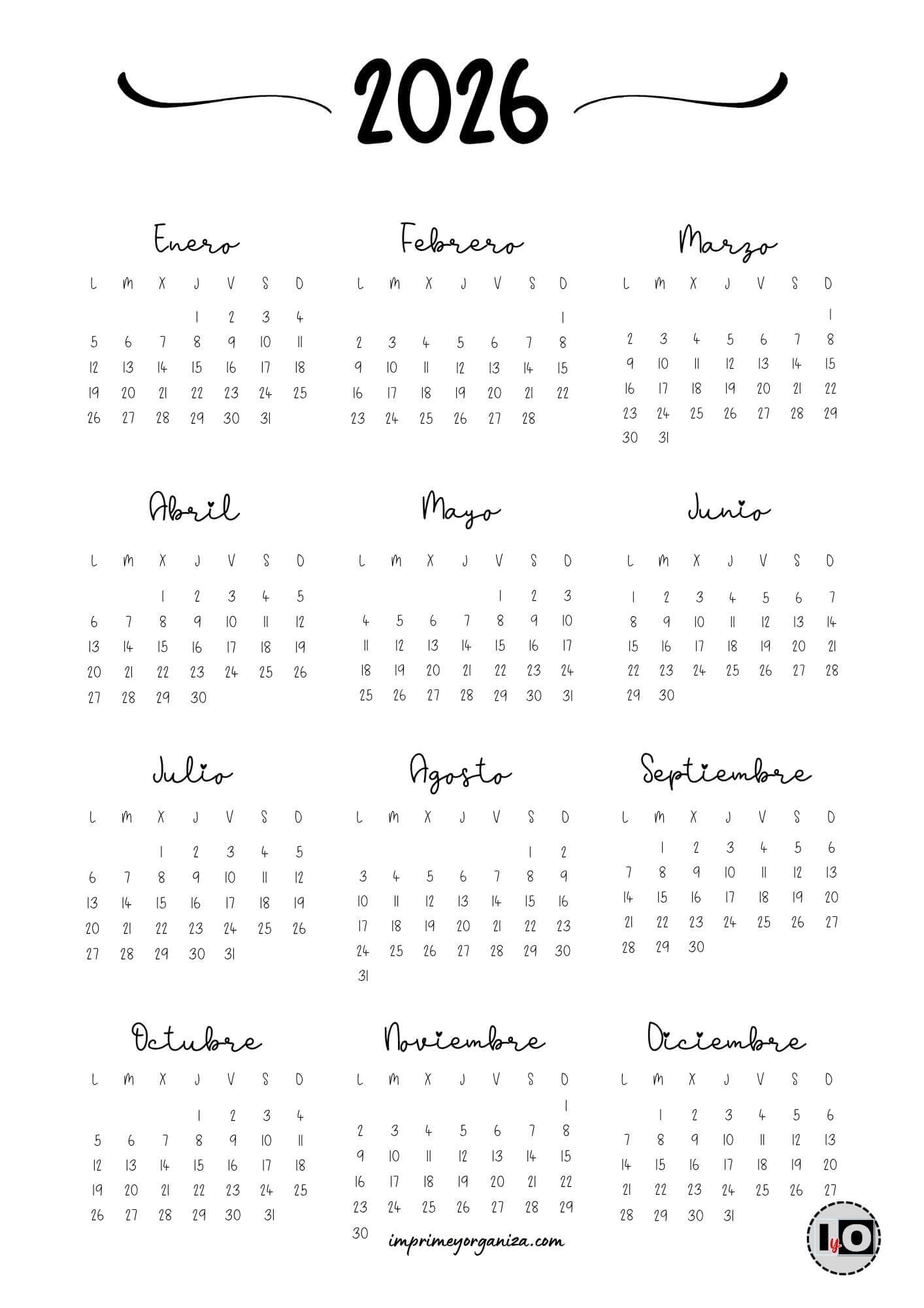Calendario 2026 manuscrita