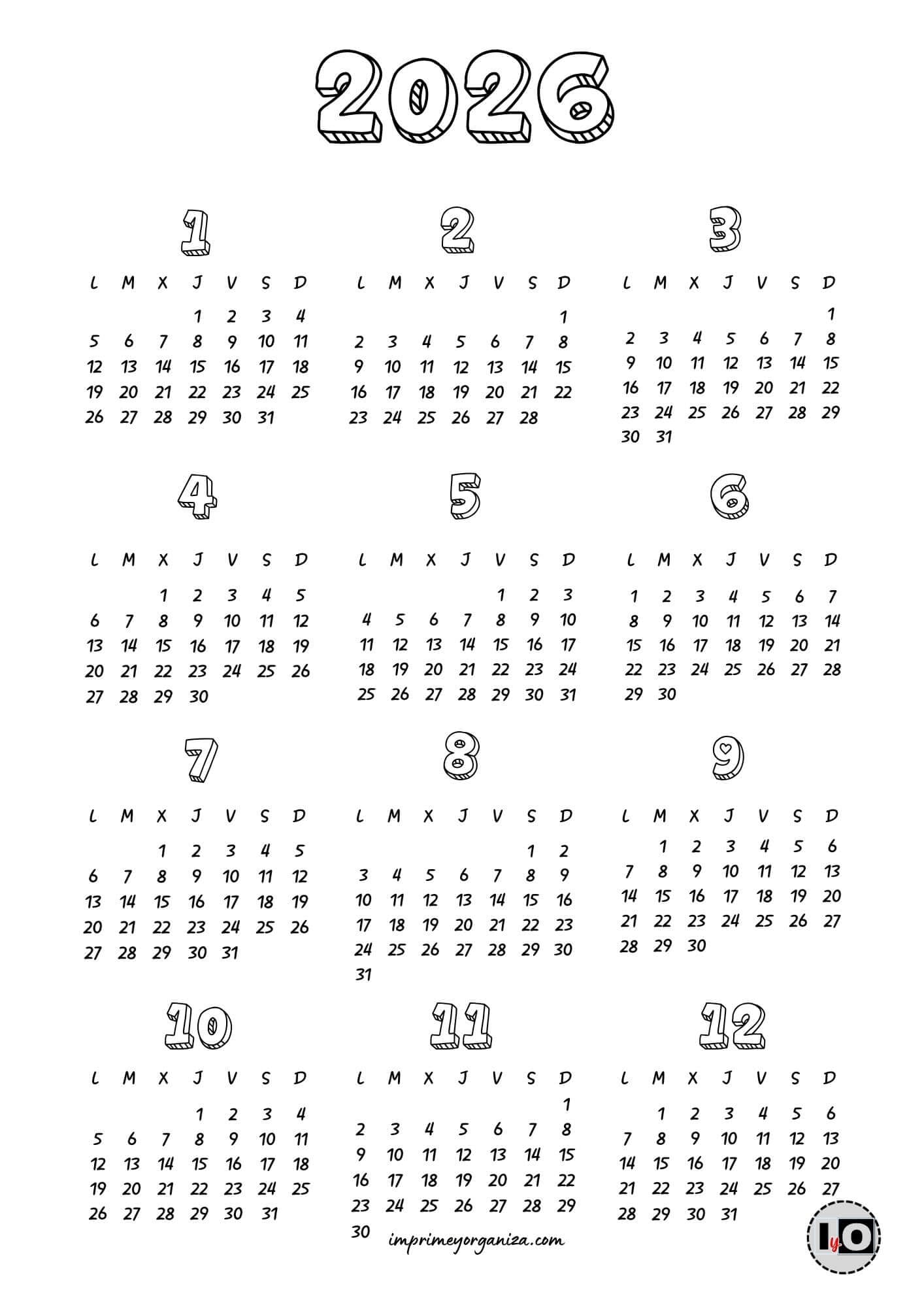 Calendario 2026 relieve