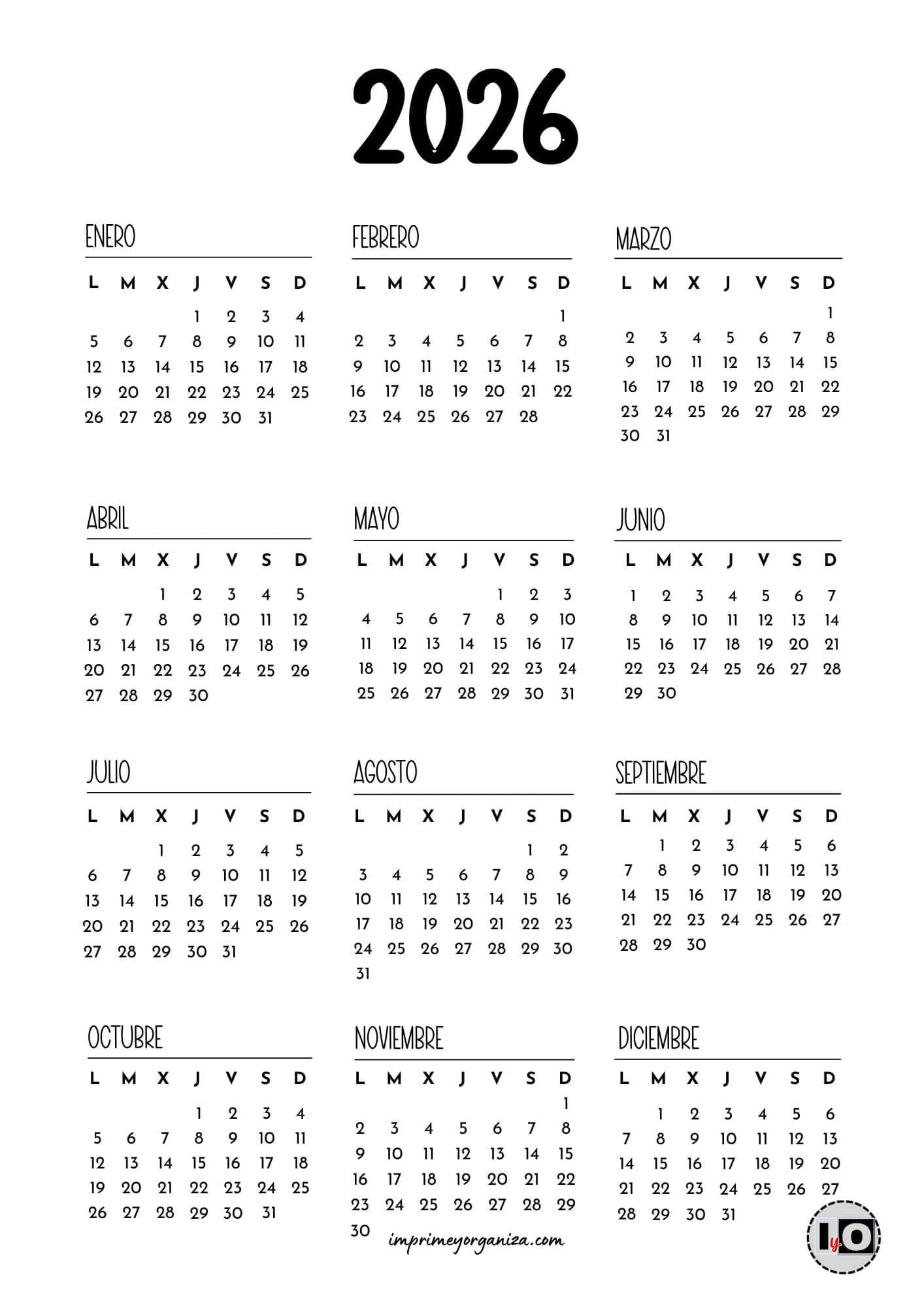Calendario 2026 sencillo