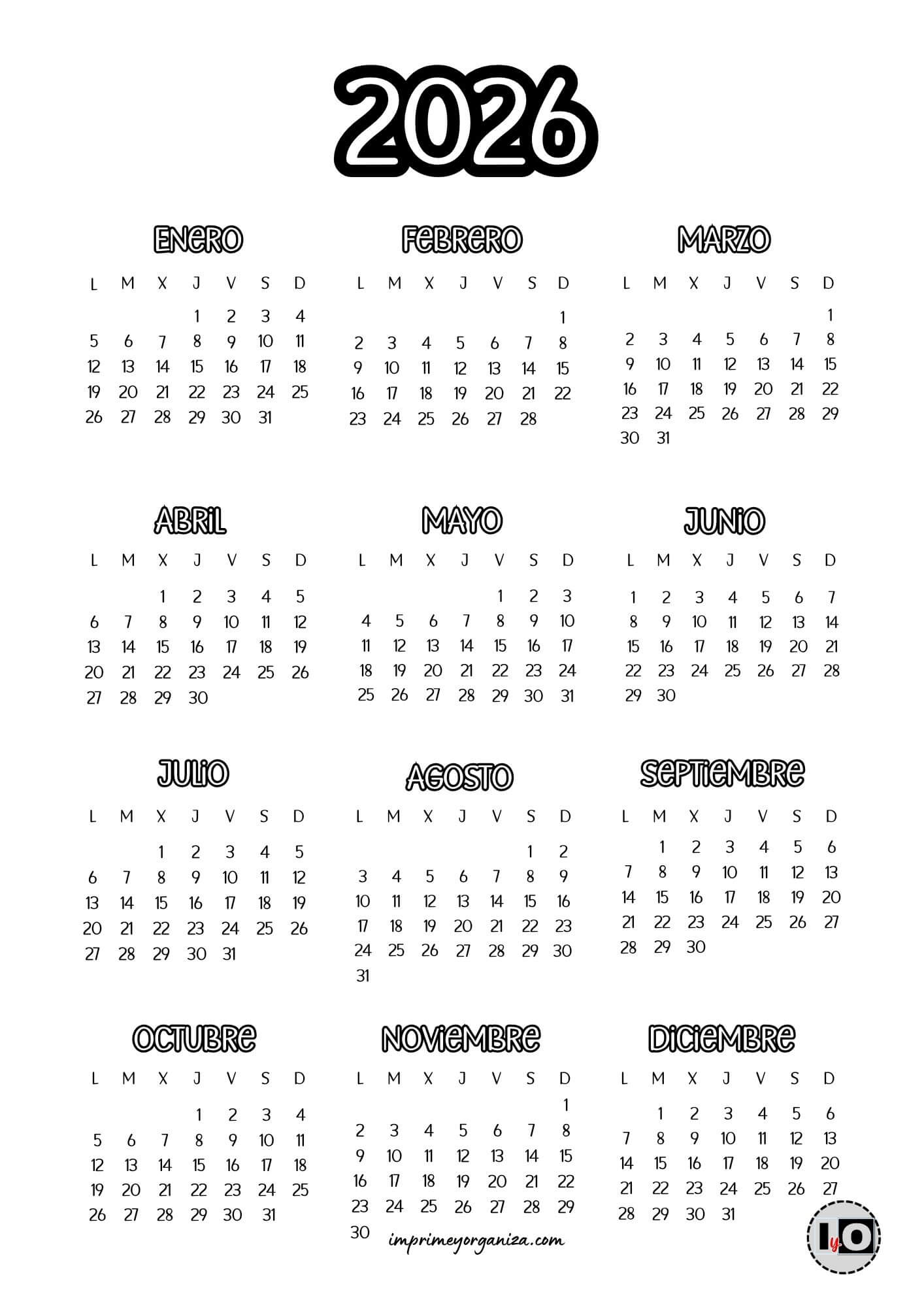 Calendario 2026 simple