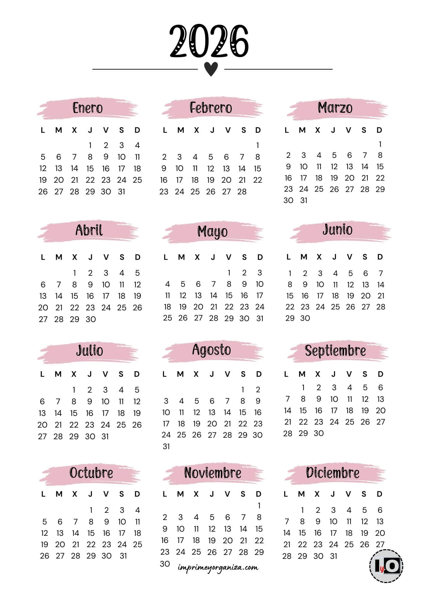 Calendario Anual 2026 Corazón