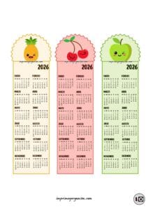 Calendarios Marcapáginas 2026 Frutas Kawaii