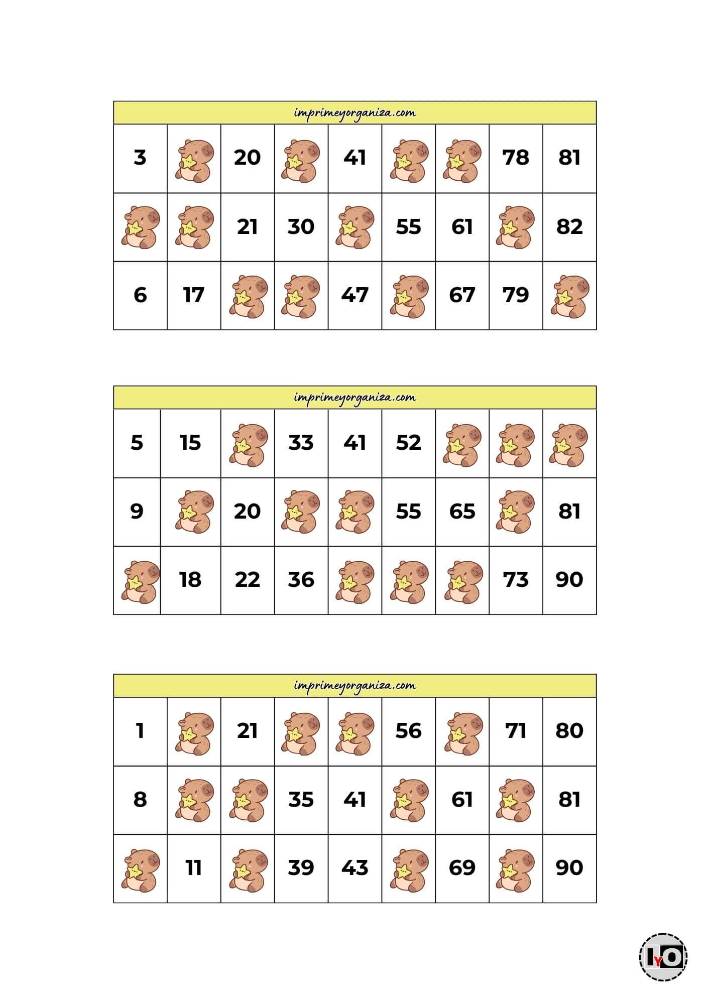 Cartones de Bingo Capibaras Amarillo