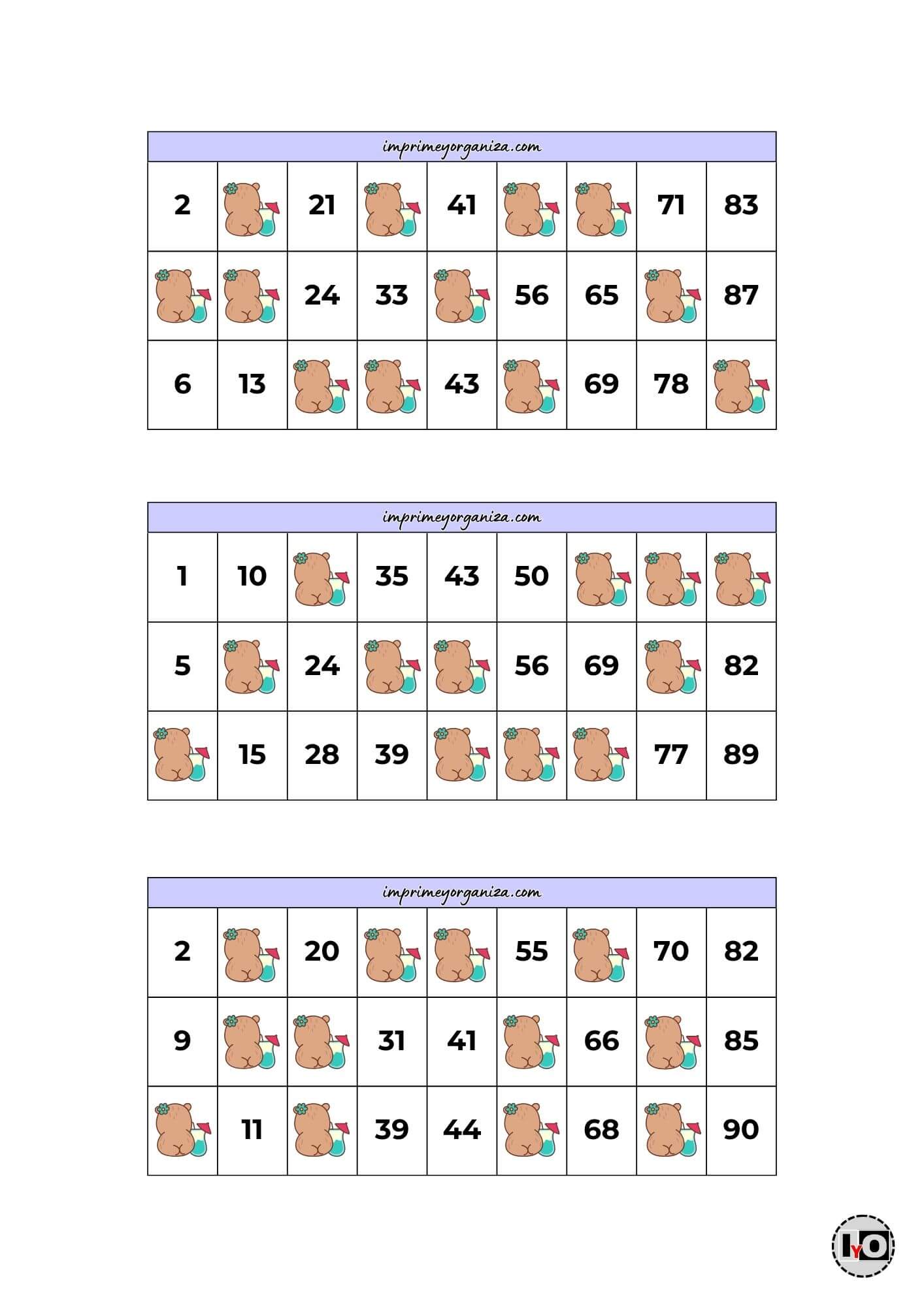 Cartones de Bingo Capibaras Lila