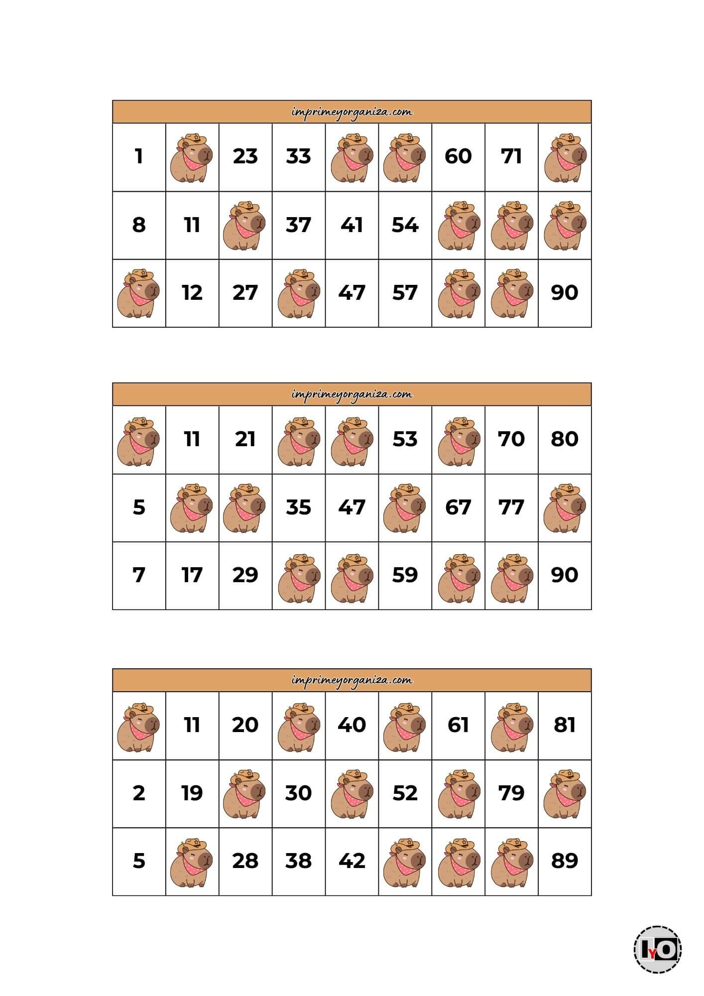 Cartones de Bingo Capibaras Marrón