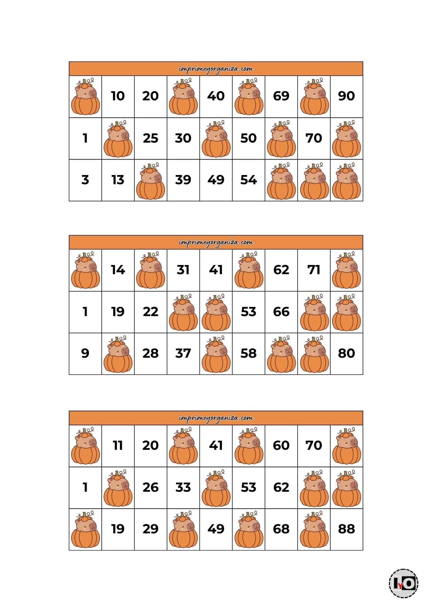 Cartones de Bingo Capibaras Naranja
