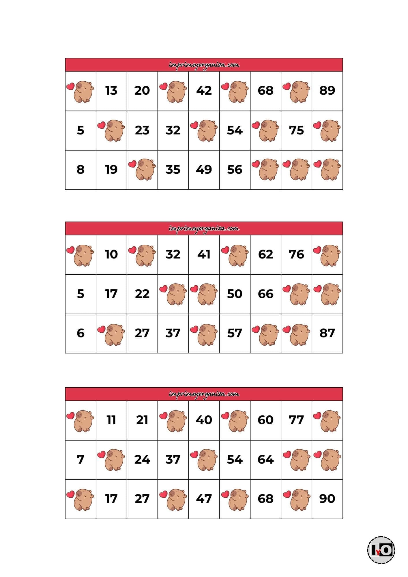 Cartones de Bingo Capibaras Rojo