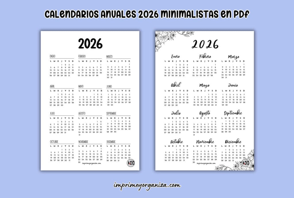 calendarios anuales 2026 minimalistas en PDF gratis