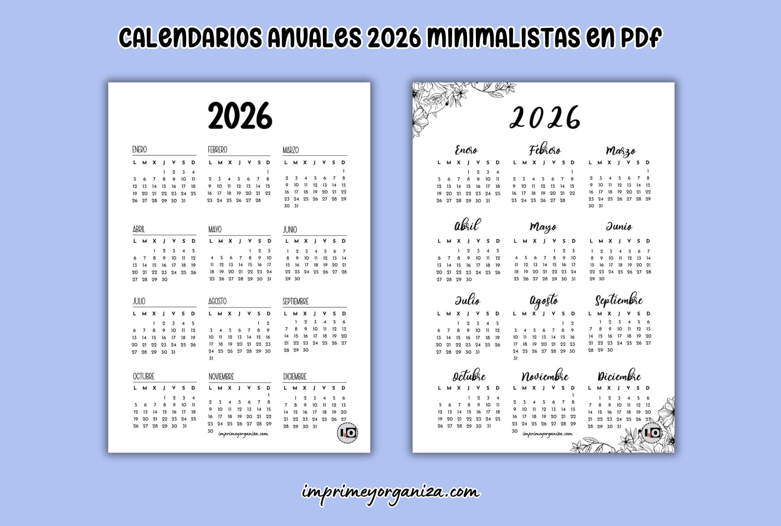 calendarios anuales 2026 minimalistas en PDF gratis