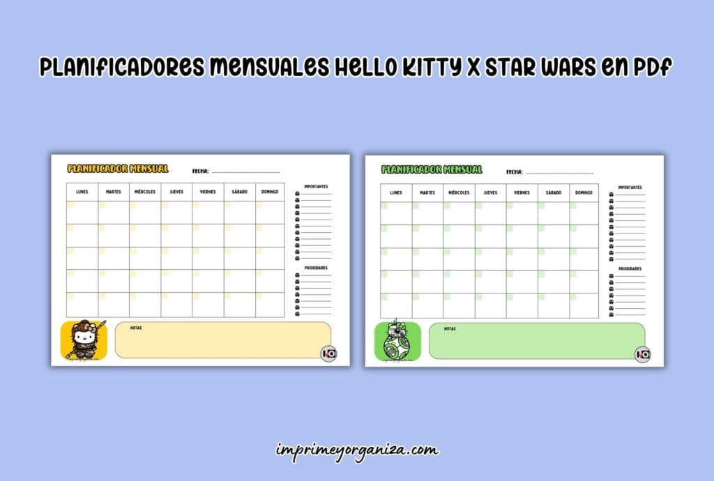 planificadores mensuales Hello Kitty x Star Wars en pdf gratis