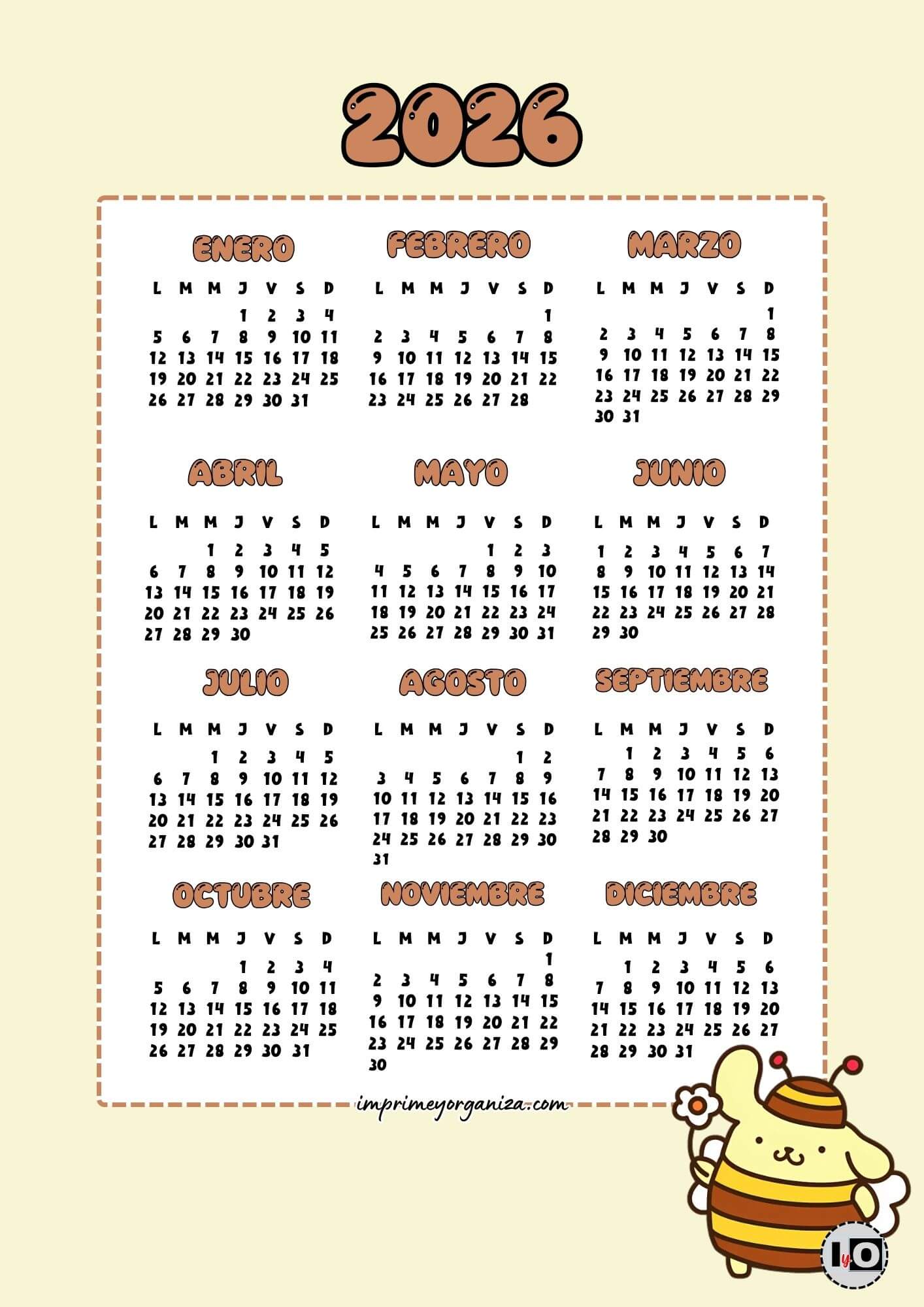 Calendario 2026 Pompompurin Amarillo