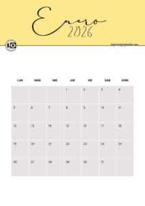 Calendario Mensual 2026 Amarillo