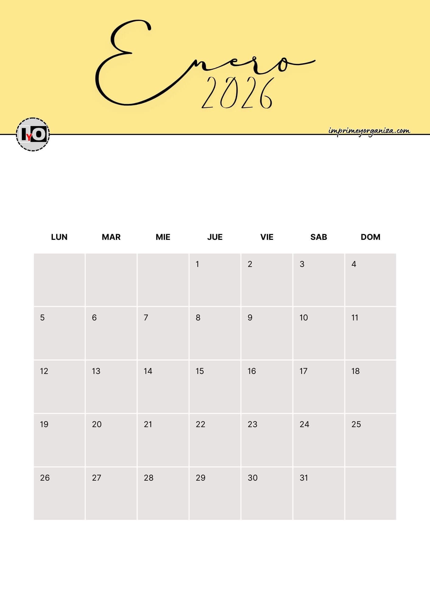Calendario Mensual 2026 Amarillo
