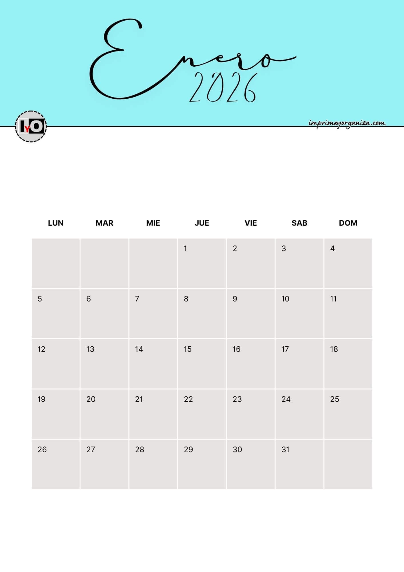 Calendario Mensual 2026 Azul