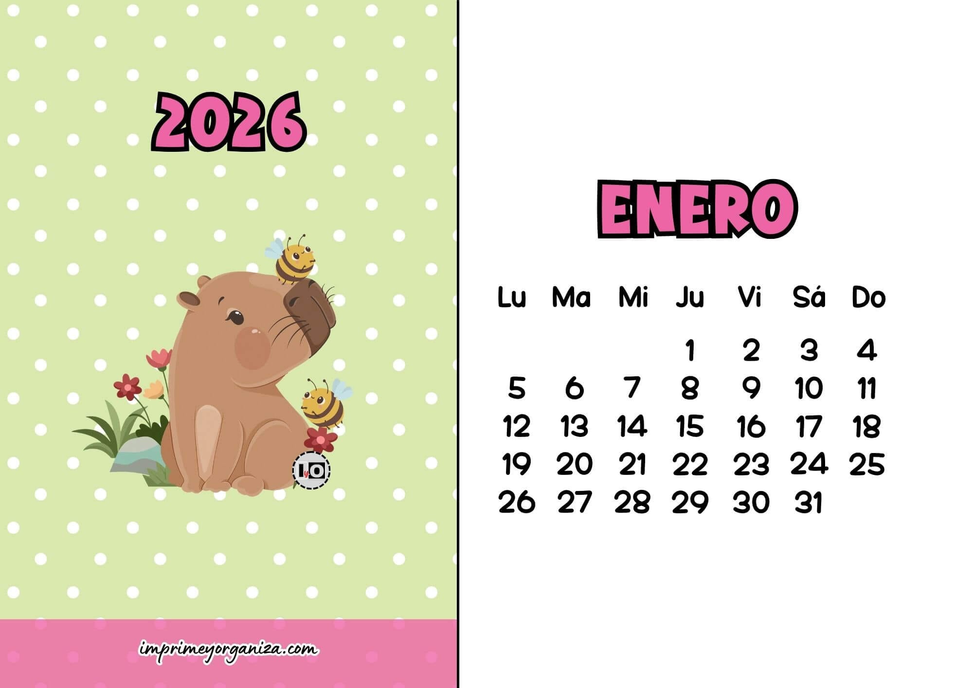 Calendario Mensual 2026 Capibara Abejas
