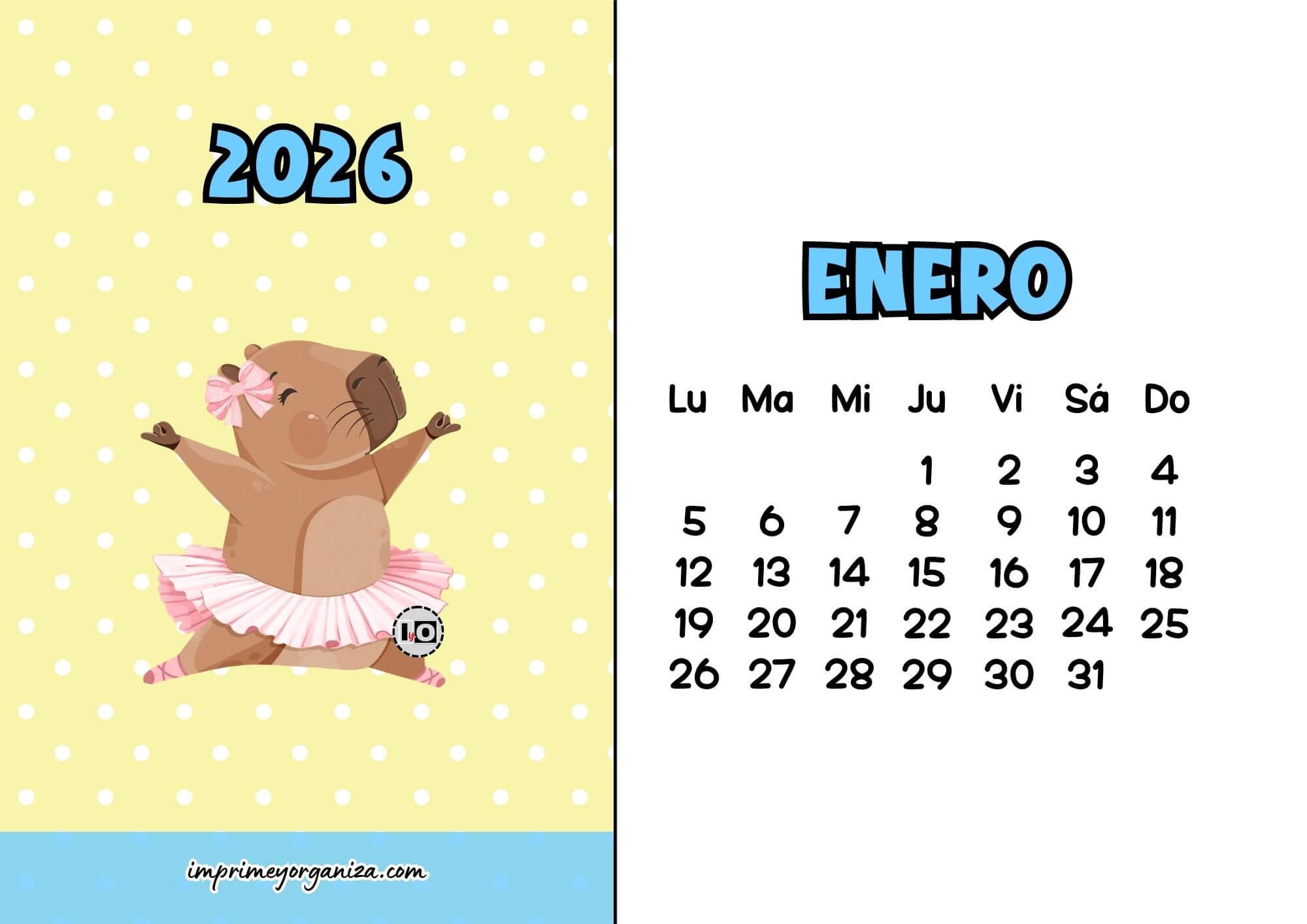 Calendario Mensual 2026 Capibara Bailarina