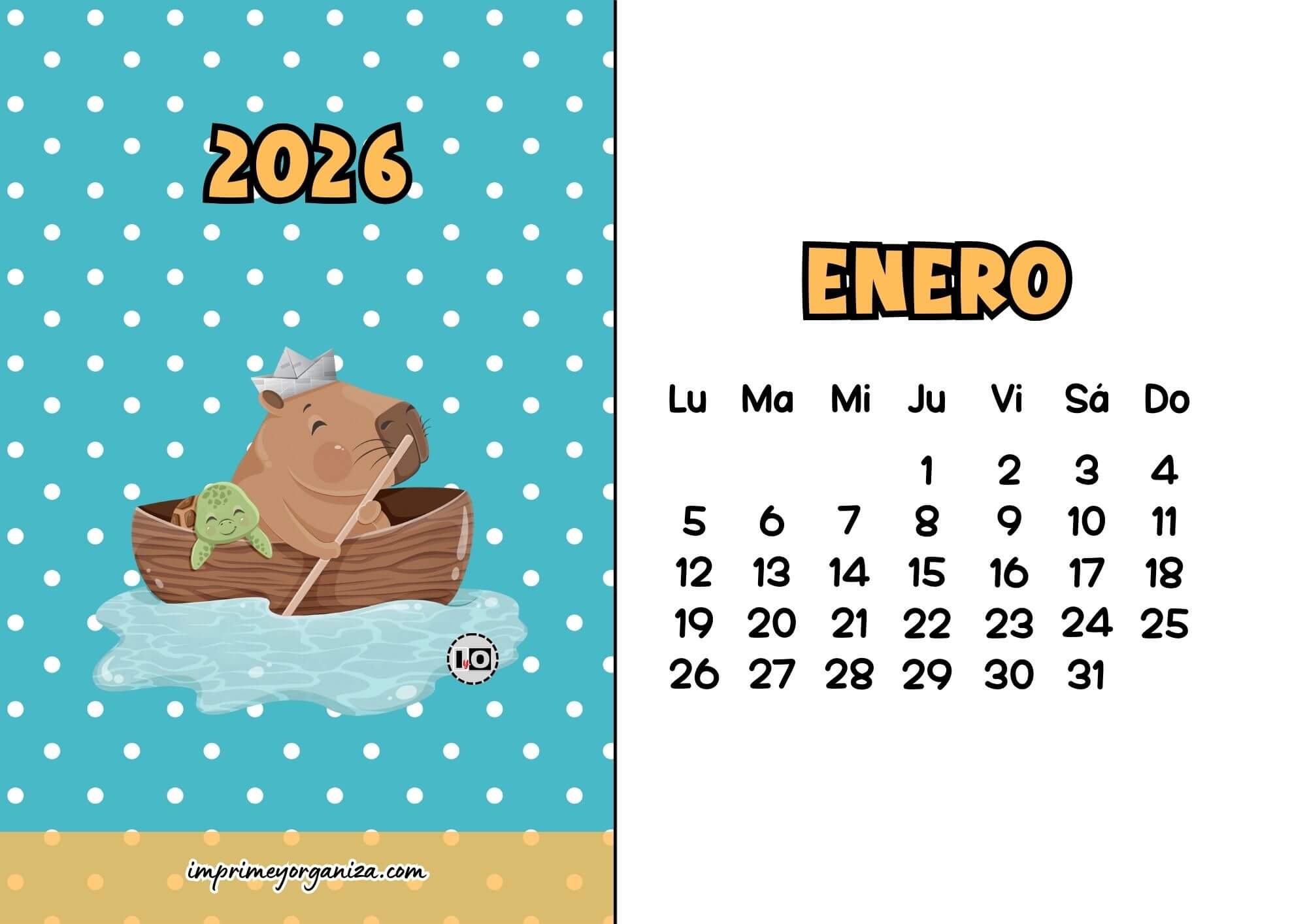 Calendario Mensual 2026 Capibara Barca