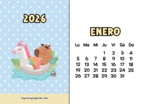 Calendario Mensual 2026 Capibara Flotador