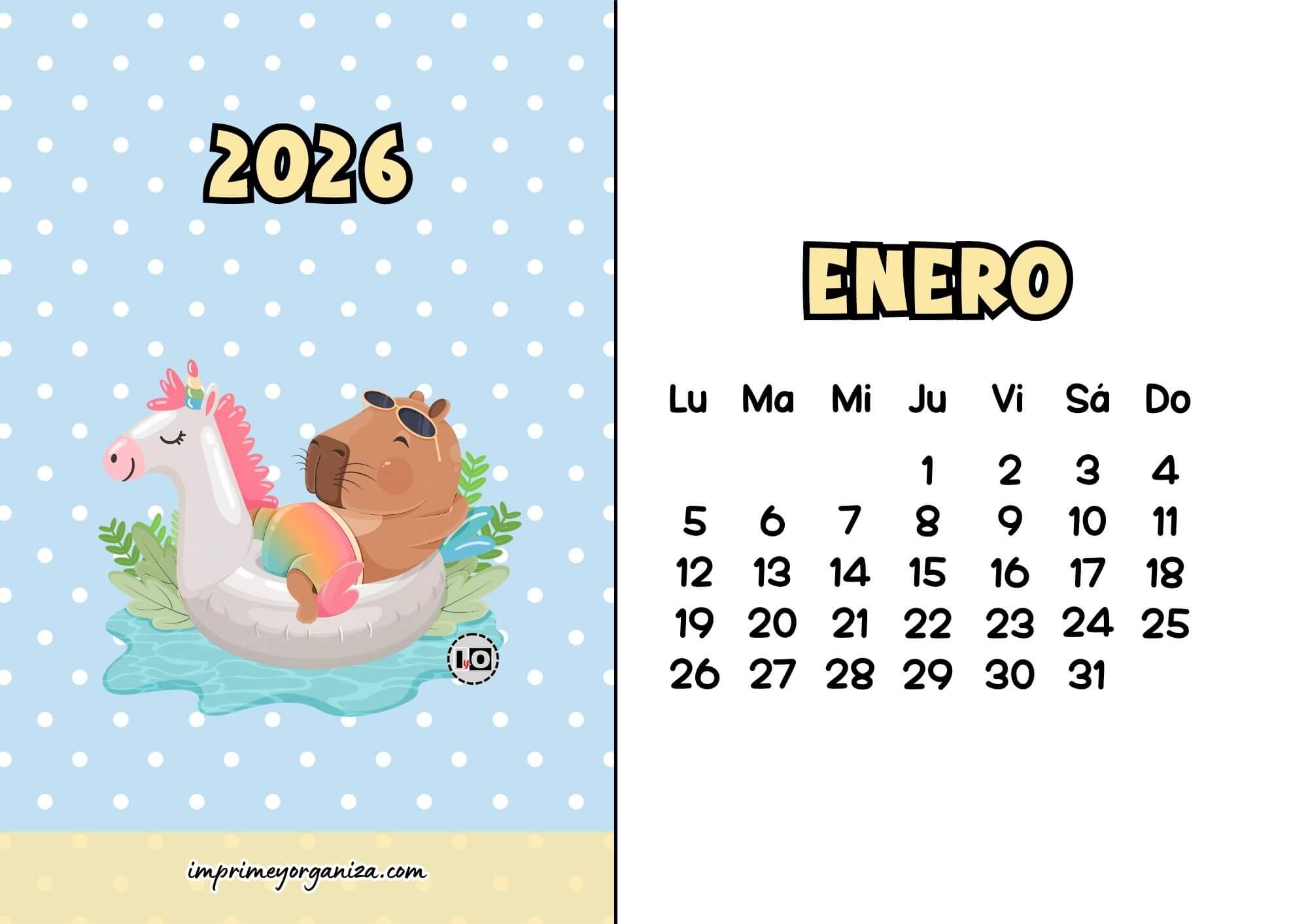 Calendario Mensual 2026 Capibara Flotador