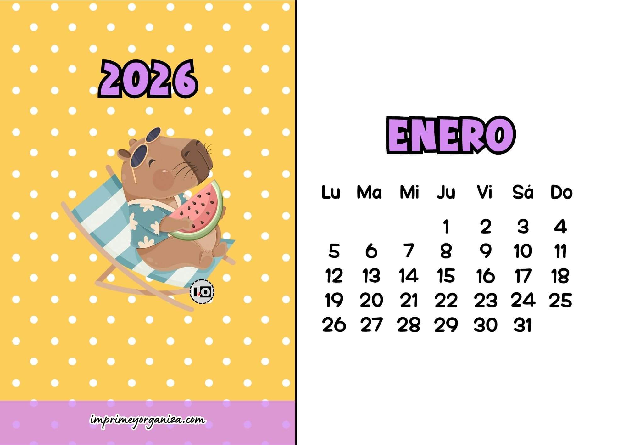 Calendario Mensual 2026 Capibara Sandia