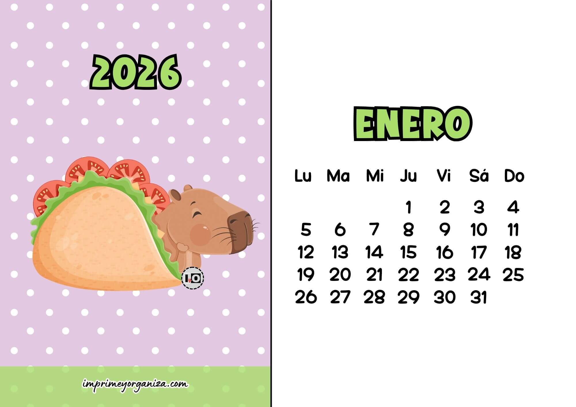 Calendario Mensual 2026 Capibara Taco