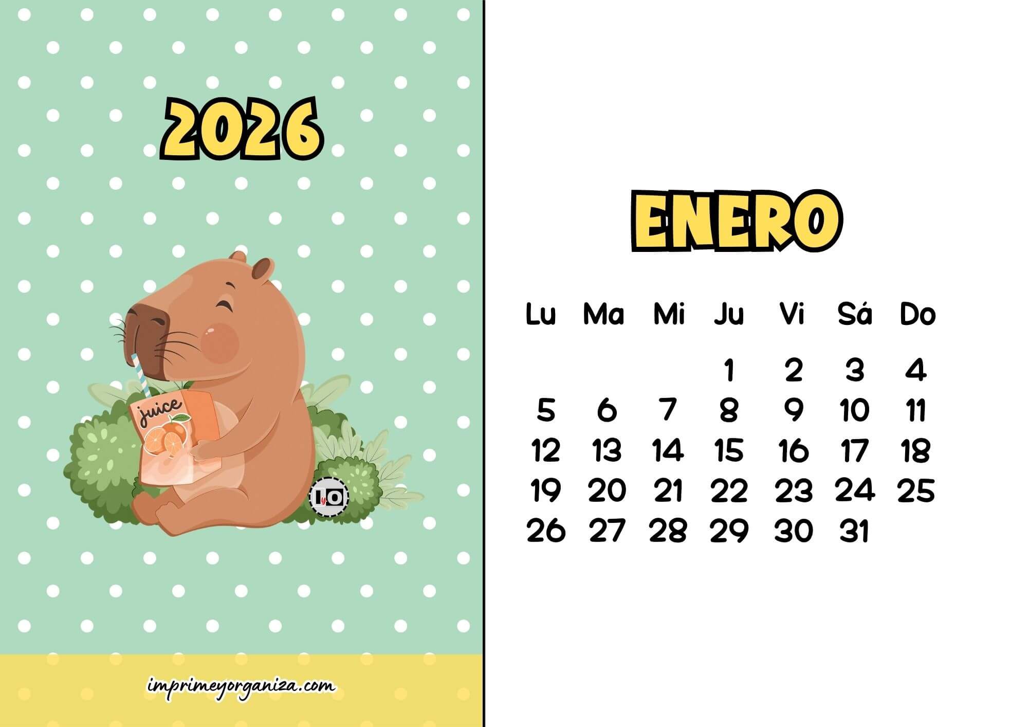 Calendario Mensual 2026 Capibara Zumo