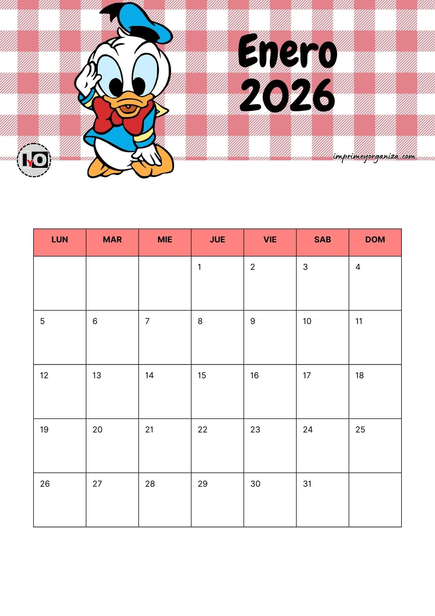 Calendario Mensual 2026 Donald